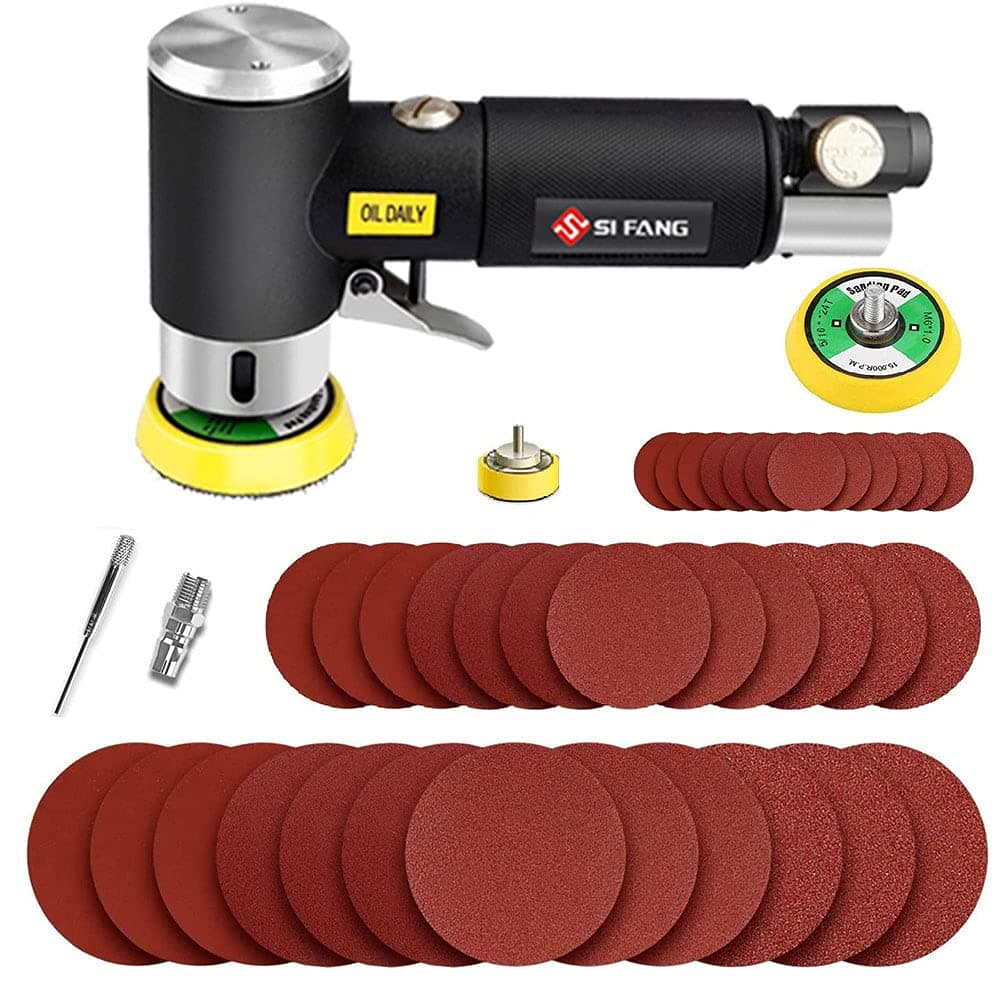 Mini Air Sander 1/2/3 Inch Pneumatic Small Orbital Sander for Auto Body Work, Mini Polisher with 45PCS Sanding Discs + 3PCS Backing Pads