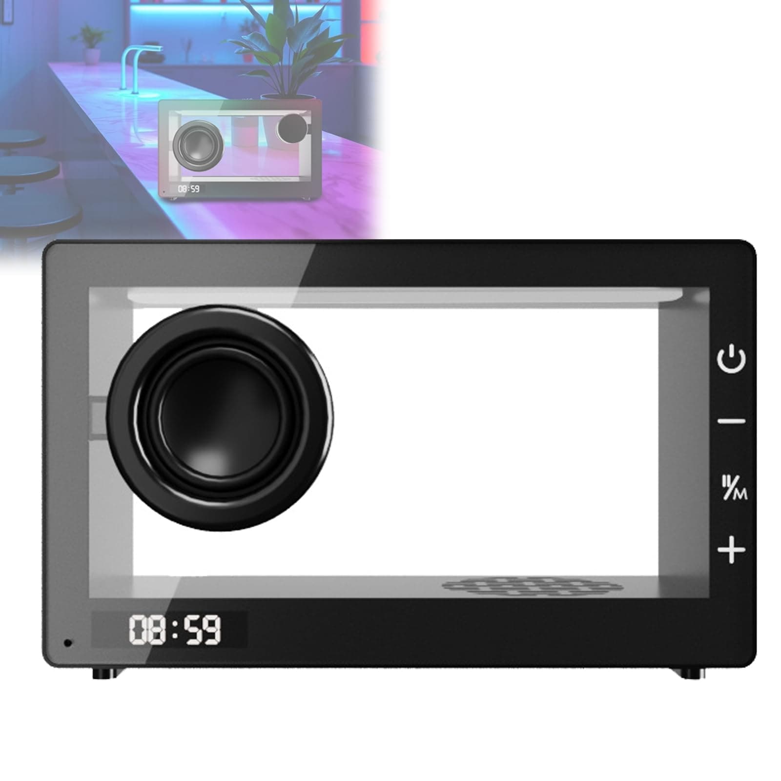 Bluetooth Speaker, Modern Style Transparent Speaker with Clock and Rgb Light Incredible Sound, Long Lasting Rechargeable Battery, Tws Function, Touch Control for Gaming Room, Living Room, Bedroom.