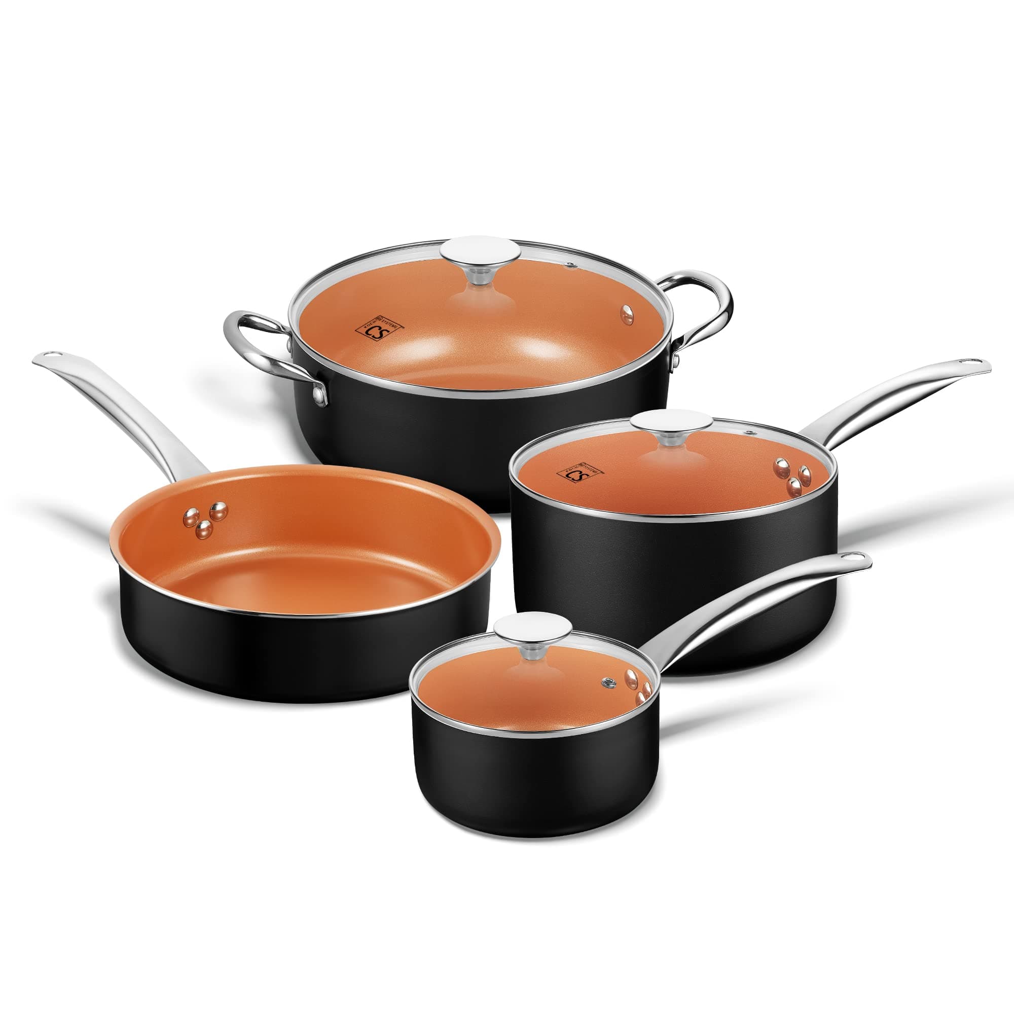 CSK Copper Cookware Set 7 Piece, Nonstick Pans and Pots Set with Ceramic Coatings, Kitchen Cookware Set,All Stove Tops Compatible, 100% PTFE & PFOA Free, Oven Safe