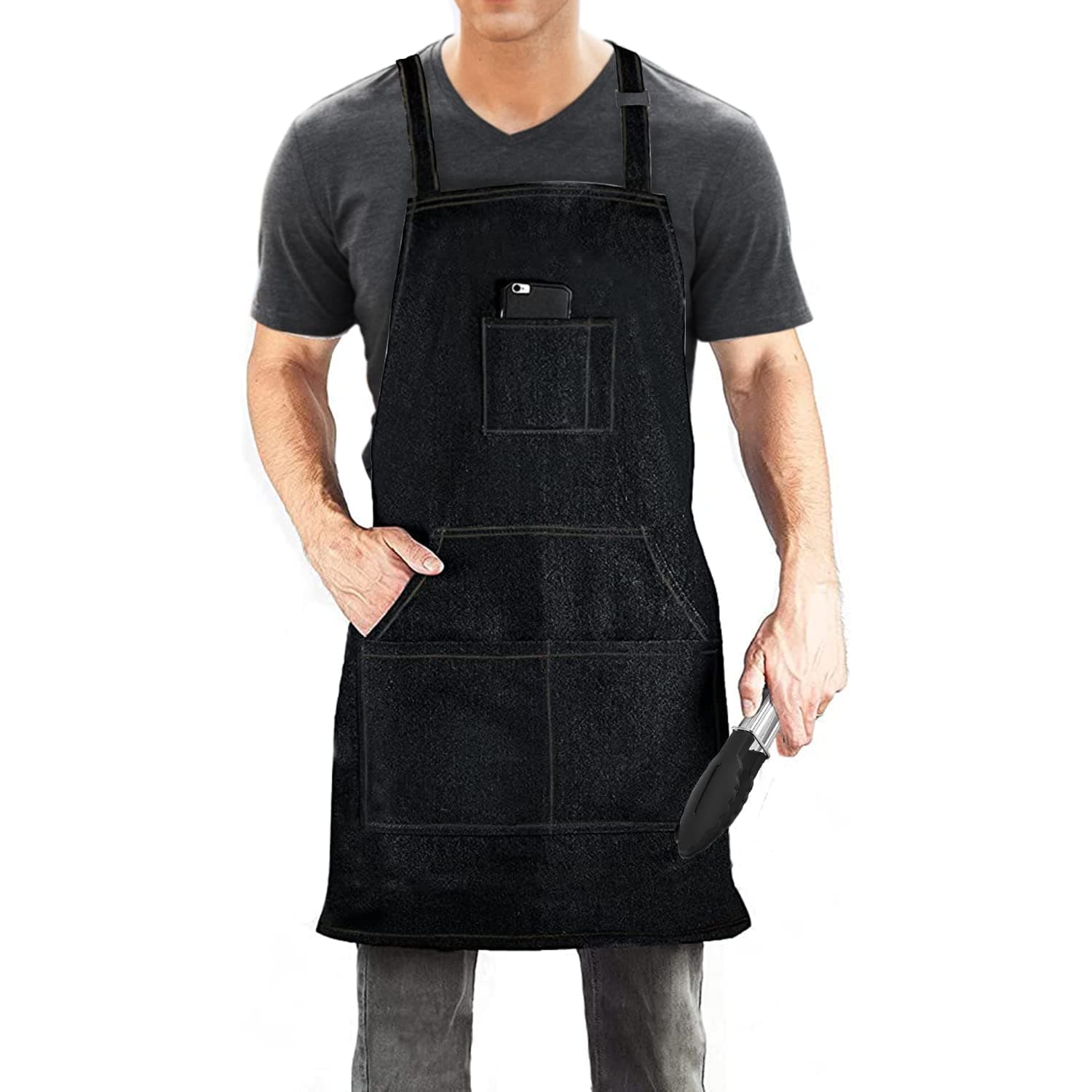 Black Denim Aprons for Men/Women with Pockets Tool Apron Waterproof Adjustable Canvas Apron Lightweight Kitchen Apron Work Apron, Black, One Size