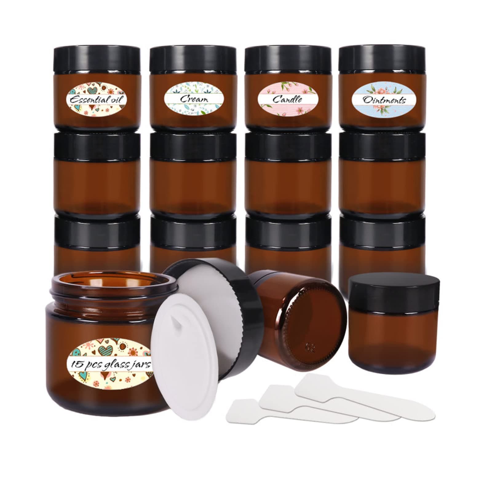 2 oz Amber Glass Jars,15 Pack 60ml Empty Cosmetic Containers with Inner Liners and Black Lids,Refillable Round Cream Jars for Lotion,Ointments,Bath Salts,Makeup