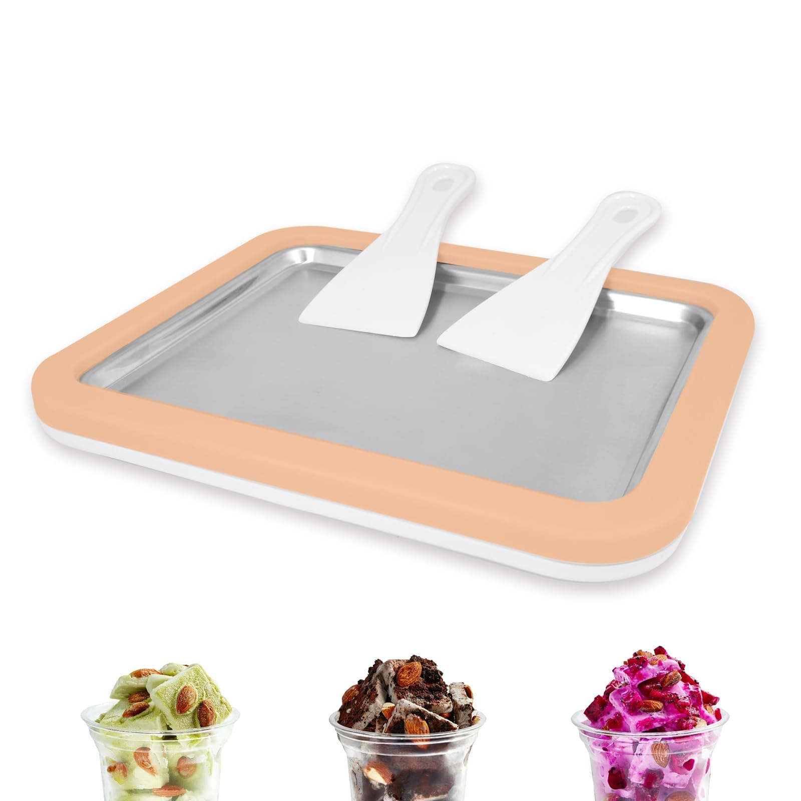 Instant Ice Cream Maker, Rolled Ice Cream Maker, Instant Gelato Pan/Roll, Homemade DIY, with 2 spatula, Frozen Yoghurt Plate Mini Freezer Kit Machine Peach Fuzz