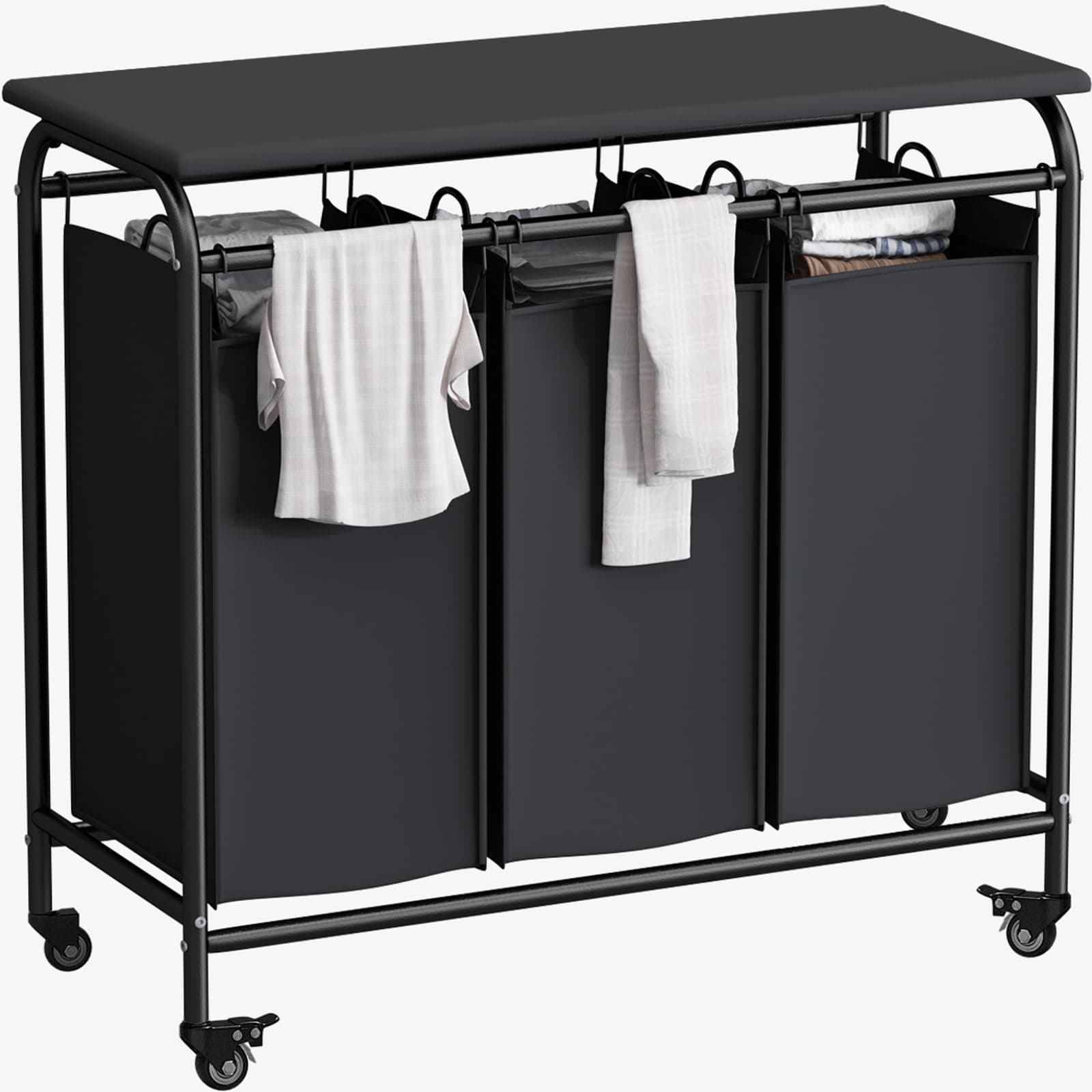 LINZINAR 3 Bag Laundry Basket Sorter Heavy Duty Rolling Lockable Wheels Laundry Hamper Cart with Ironing Board and Removable Bags, Black