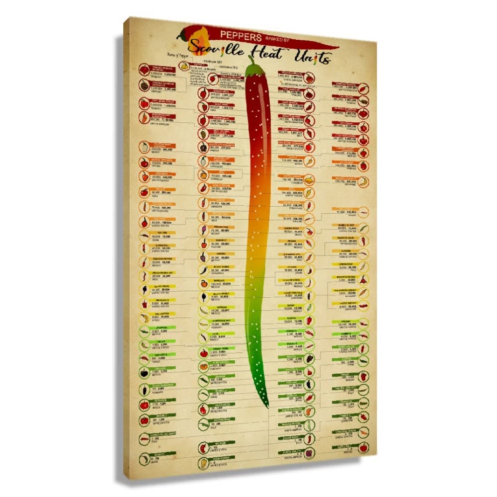 Scoville Scale Poster Art Pepper Wall Art Chart Framed Print Canvas Food Diagram Painting Knowledge Picture Decorations Peppers Ranked Vintage Kitchen Scoville Heat Units Vertical Wall Decor Framed