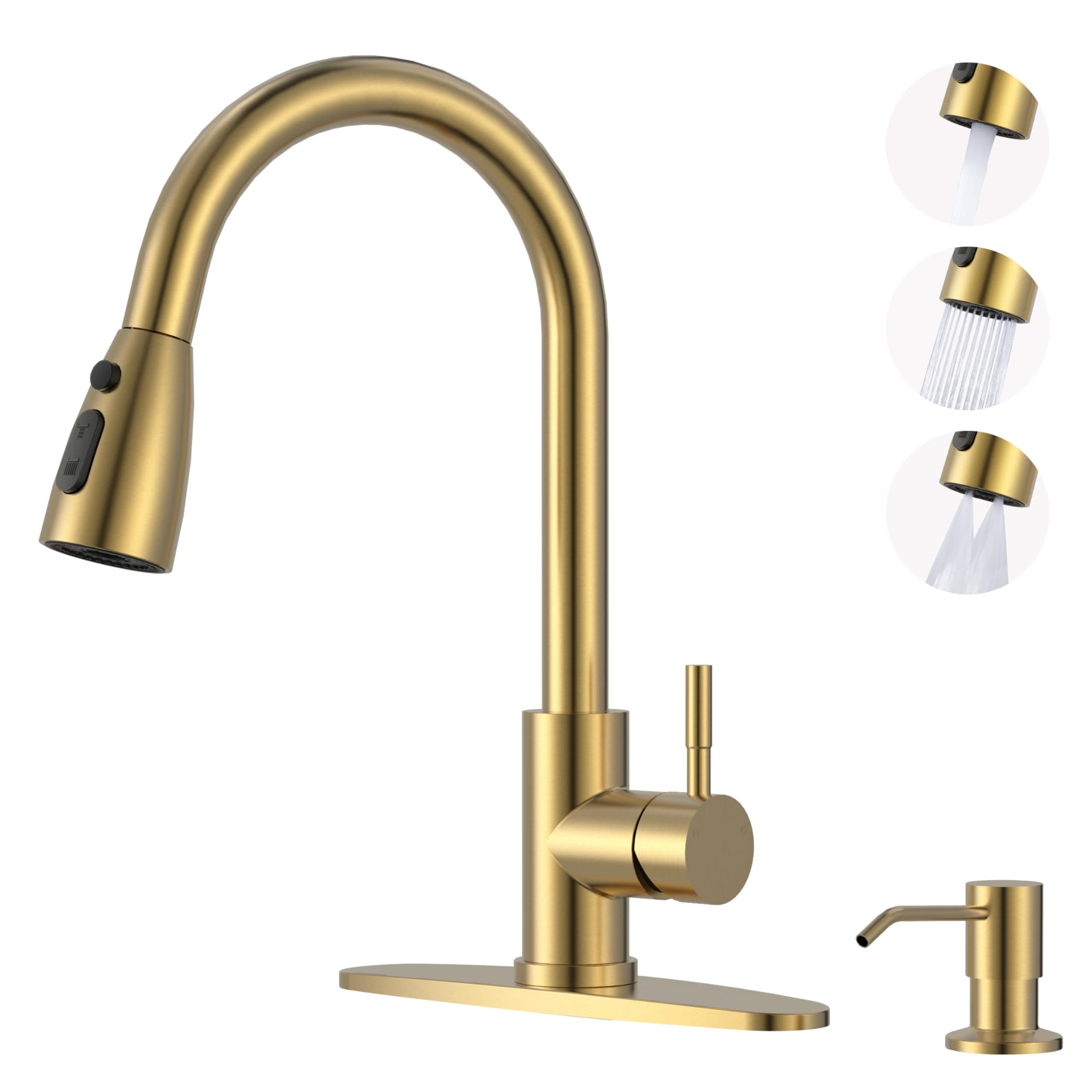 Brushed Gold Kitchen Faucet with Soap Dispenser, WOWOW Stainless Steel Kitchen Faucet for Sink, Single Handle Luxurious Gold Kitchen Sink Faucet with Sprayer