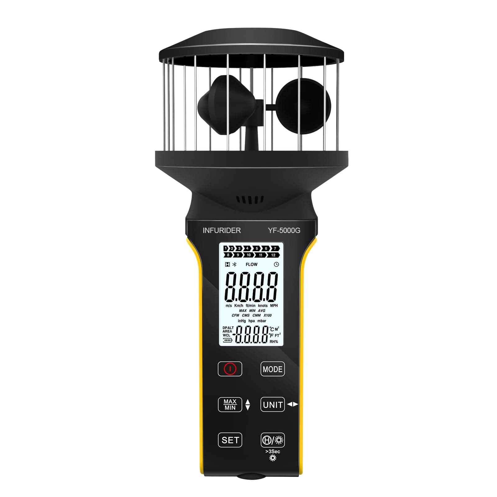 Digital Cup Anemometer, YF-5000G Handheld Wind Speed Meter with Anti-dust Touch Button, Rechargeable Wind Gauge CFM Meter, Waterproof, LCD Backlight, Wind Tester for Wind Volume, Wind Chill