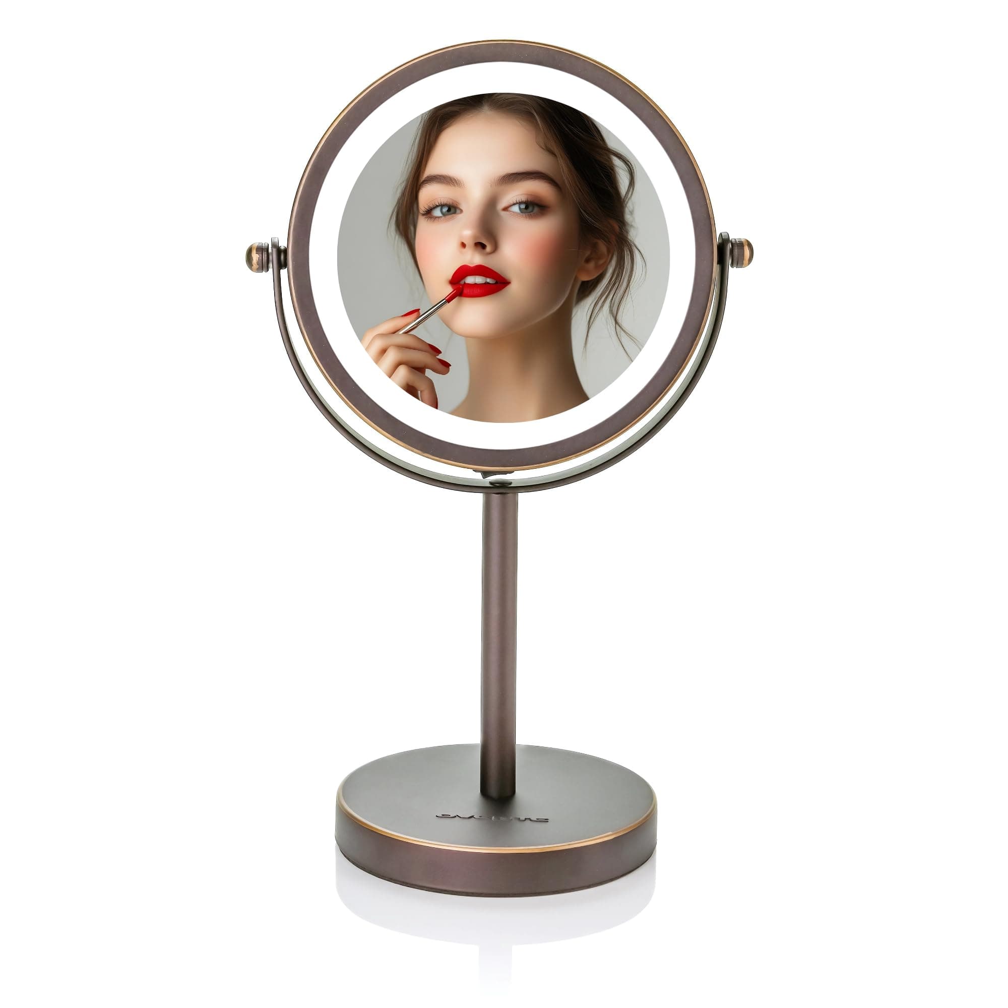 OVENTE 6" Lighted Makeup Mirror with 1X/7X Magnification, Cordless Tabletop Mount Vanity Round Mirror with 360° Swivel Design and Double Sided Cool Tone LED Ring Light, Antique Bronze MLT60ABZ1X7X