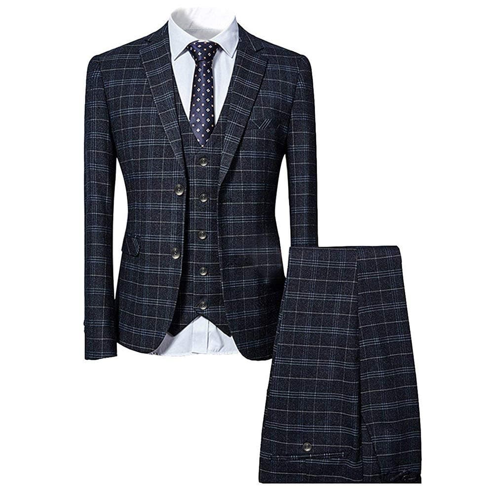 Mens 3 Piece Slim fit Checked Suit Blue/Black Single Breasted Vintage Suits