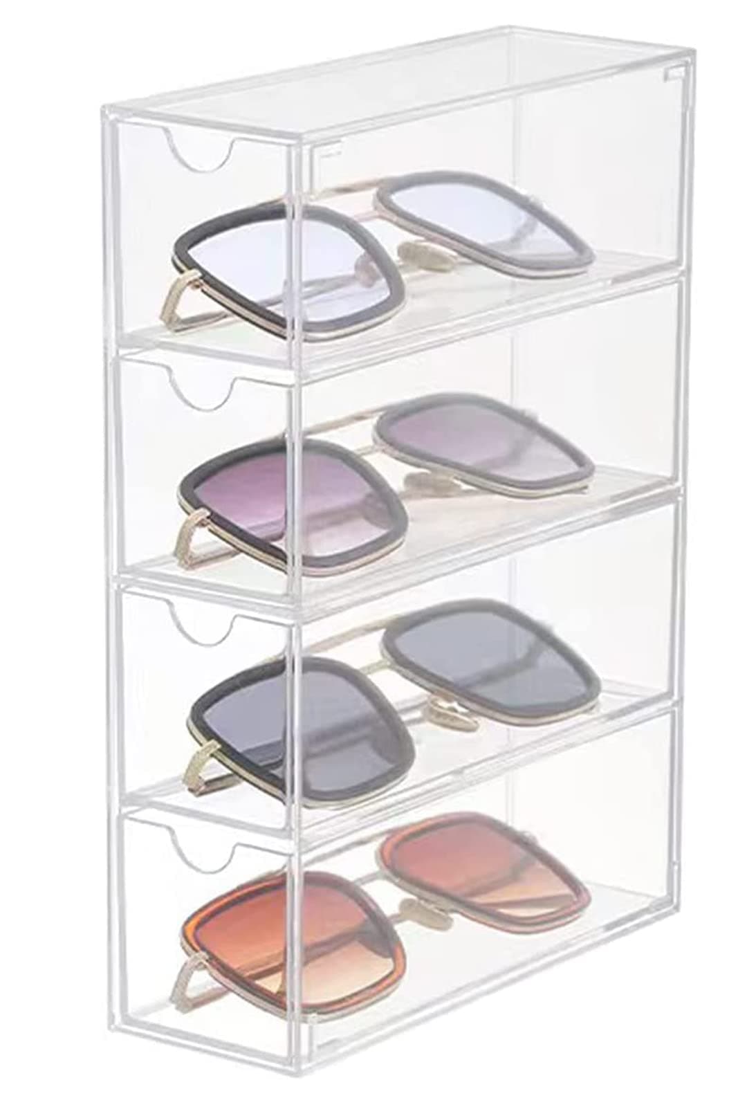 athu Sunglasses Case Storage Box with 4 Clear Divided Drawers for Glasses, Acrylic Tabletop Display Organizer Jewelry Cosmetic Watch Storage Makeup Brush Holder Eye Glass Cases