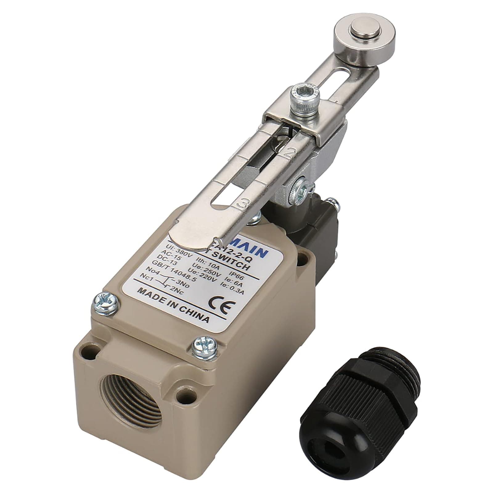 Limit Switch, Adjustable Rotary Roller Lever, Momentary Action, 380V 10A, Waterproof IP66, WLCA12-2-Q
