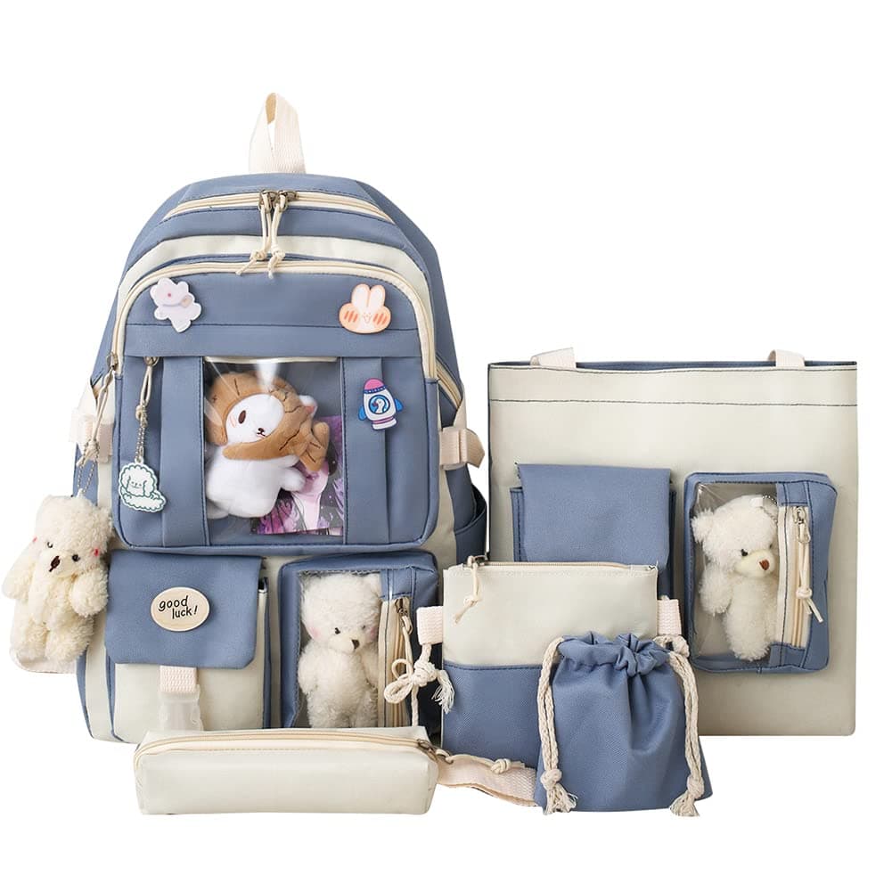 DKIIL NOIYB5pcs Kawaii Backpack set with Bear dolls and badges Accessories, Canvas School Bags Set Cute Backpack for Cosplay Teenage Student Large Capacity Schoolbag Clutch Bookbags