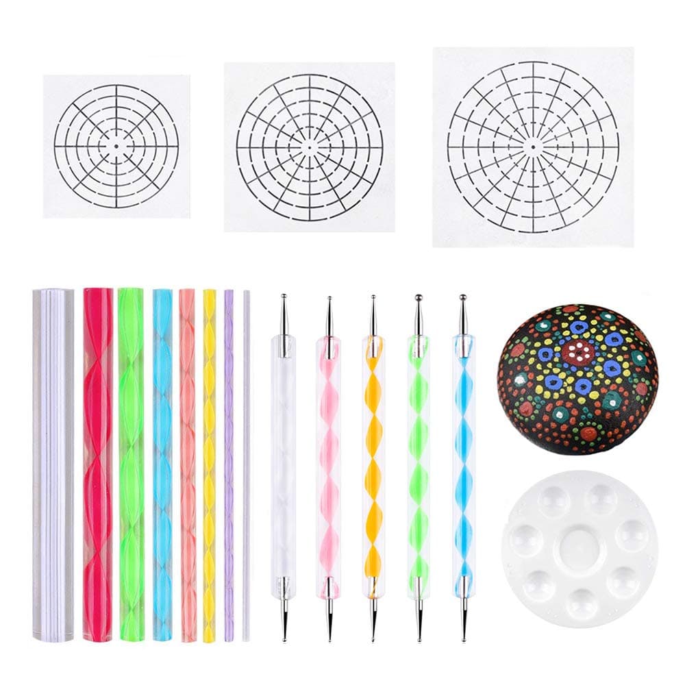 Mandala Dotting Stencil Tools Rock Painting Kit Ball Stylus Dotting Tools Include Stencil, Paint Tray, Crylic Rod-Mandala Tools(17 Pack)