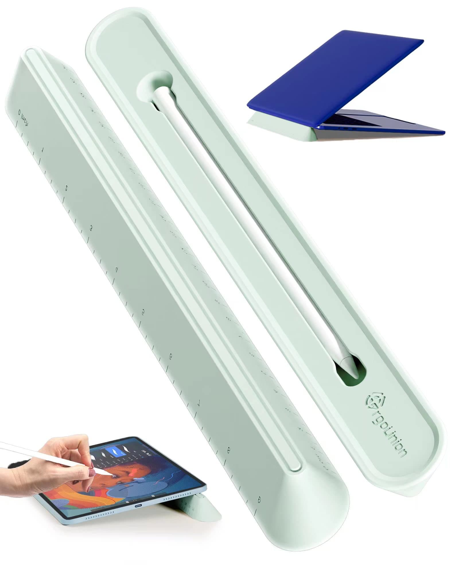 3 in 1 Silicone Laptop Stand for Desk - Computer Stand Laptop Riser for Ergonomic Typing or Reading, Pencil Case Holder for Apple Pencil 1st/2nd Gen, Colorful Ruler 9"(24cm) - Macaron Green