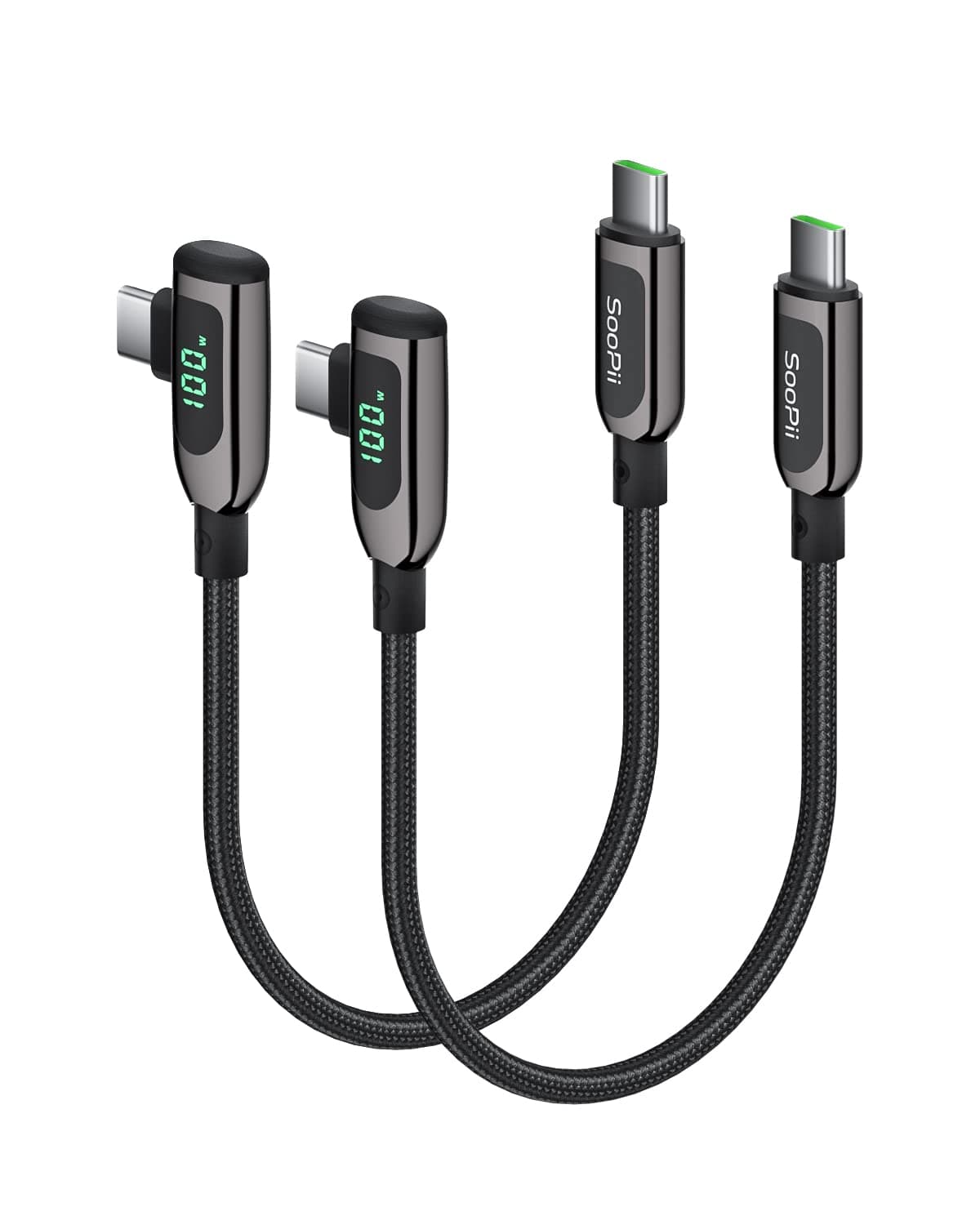 SOOPII100W Right Angle USB C to USB C Cable,2Pack 1FT Zinc Alloy Braided Type-C Cable with LED Display for iPhone 16/15, lPad Air/Pro,MacBook Pro,Samsung S23/S22/S10,Pixel,LG(1ft,Black)