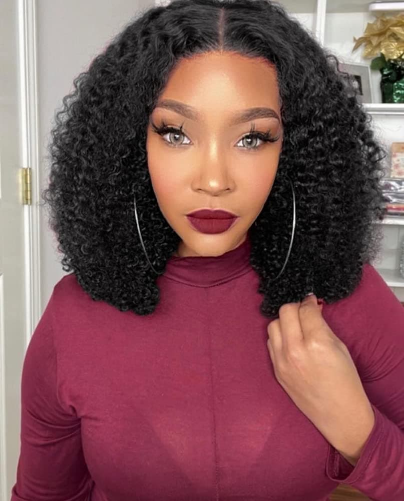 Quantum LoveLace Front Curly Wigs Kinky Curly Wig for Black Women Short Curly Bob Natural Black Synthetic Wigs (15 Inch)