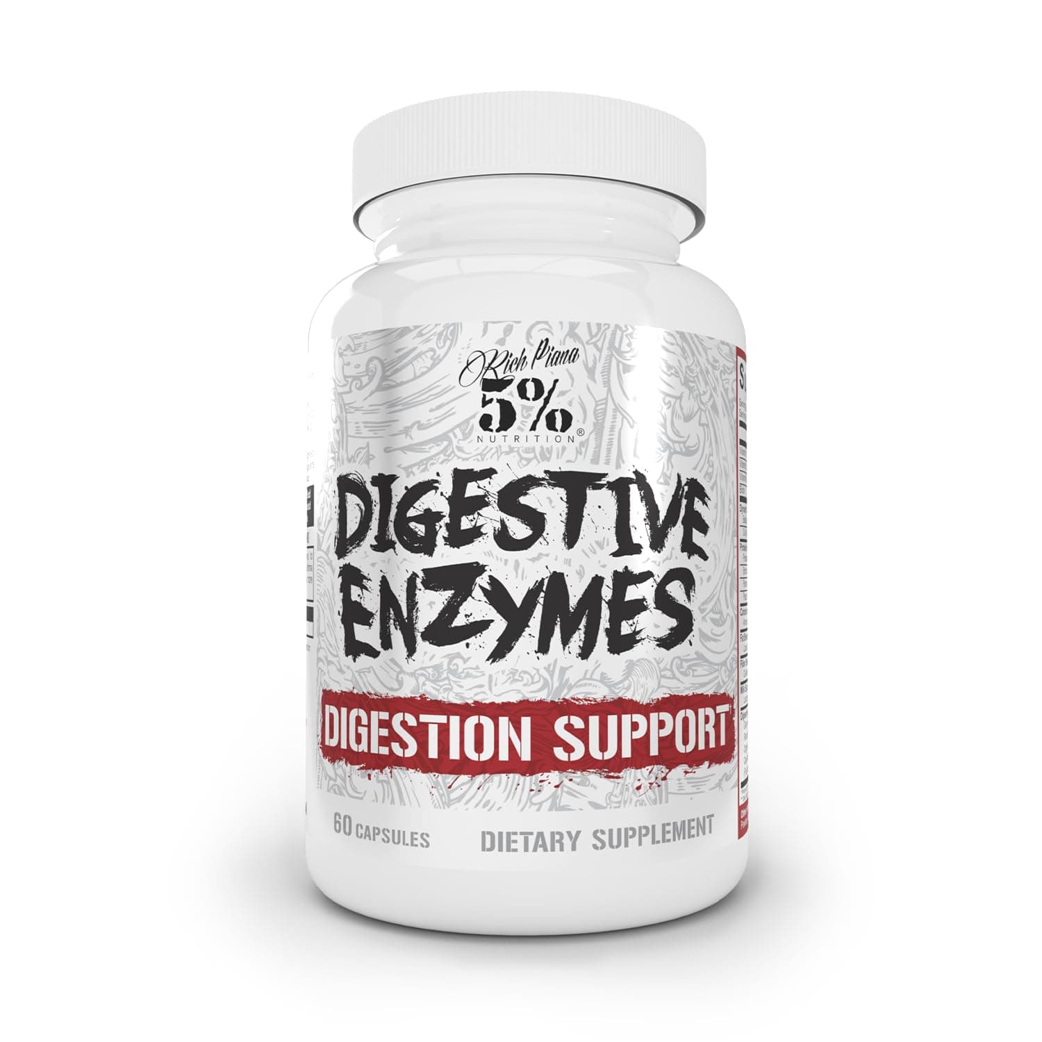 5% Nutrition Rich Piana Digestive Enzymes w/Vitamin B Complex | Enzymes for Protein, Carb, Fat, Fiber & Lactose Breakdown | Betaine, Bromelain, Papain (Papaya), Lipase, Lactase, 60 Veg Caps (30 Svgs)
