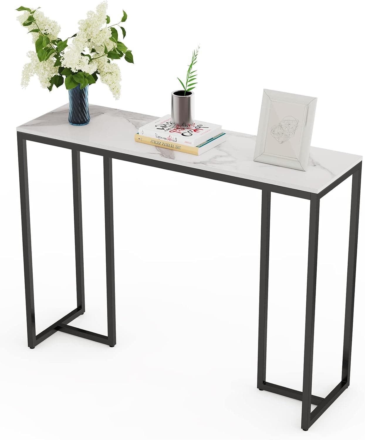 Wisfor White Console Table for Entryway: Sintered Stone Hallway Consoles Desk Narrow Marble Effect with Black Metal Frame Modern Accent Sofa Side Foyer Living Room Table, 100x30x78.5cm