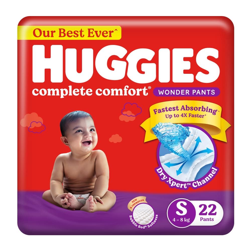 Huggies Complete Comfort Wonder Pants Small (S) Size (4-8 Kgs) Baby Diaper Pants,22 Pcs| India'S Fastest Absorbing Diaper With Upto 4X Faster Absorption|Unique Dry Xpert Channel,1 Count