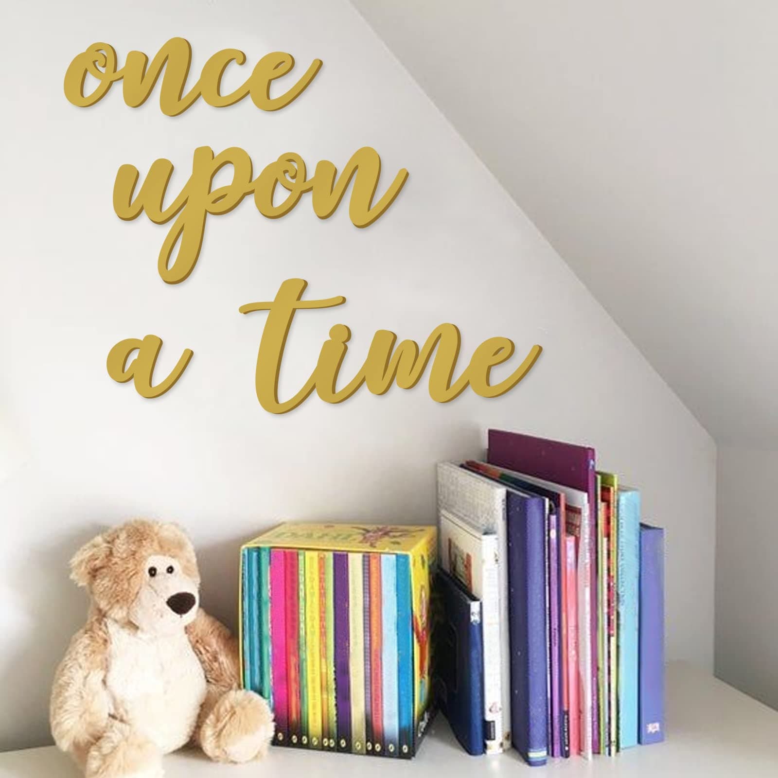Once Upon A Time Sign Read Sign Reading Nook Decor Wood Nursery Bookshelf Playroom Baby Girl Kids Bedroom Wall Decor Toddler Room Book Ledge Floating Shelves Classroom Reading Corner Decorations Gold