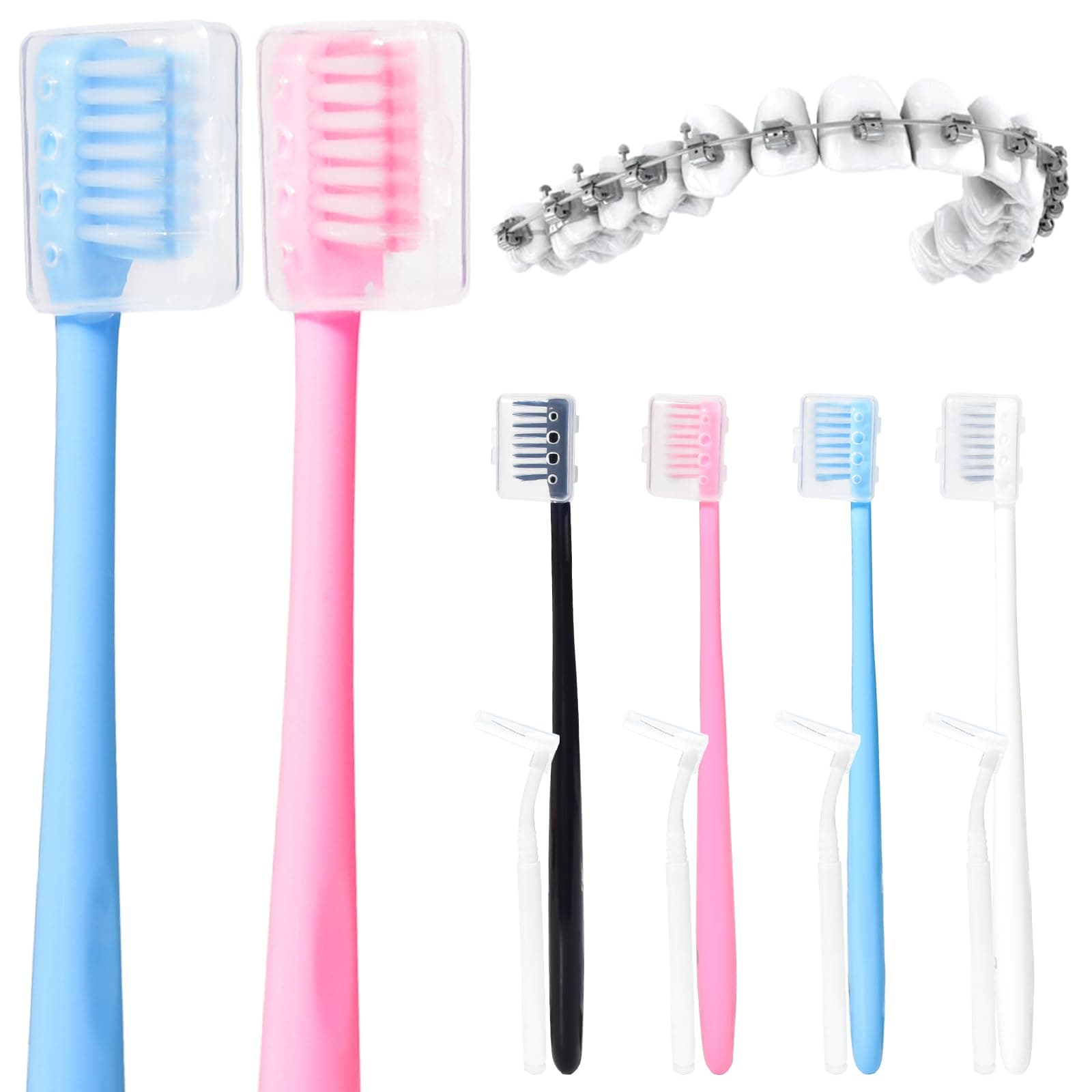 Y-Kelin V-Shaped Orthodontic Toothbrush for Braces Brackets 4 Count (Pack of 1) Soft Bristle with Inter Dental Brush