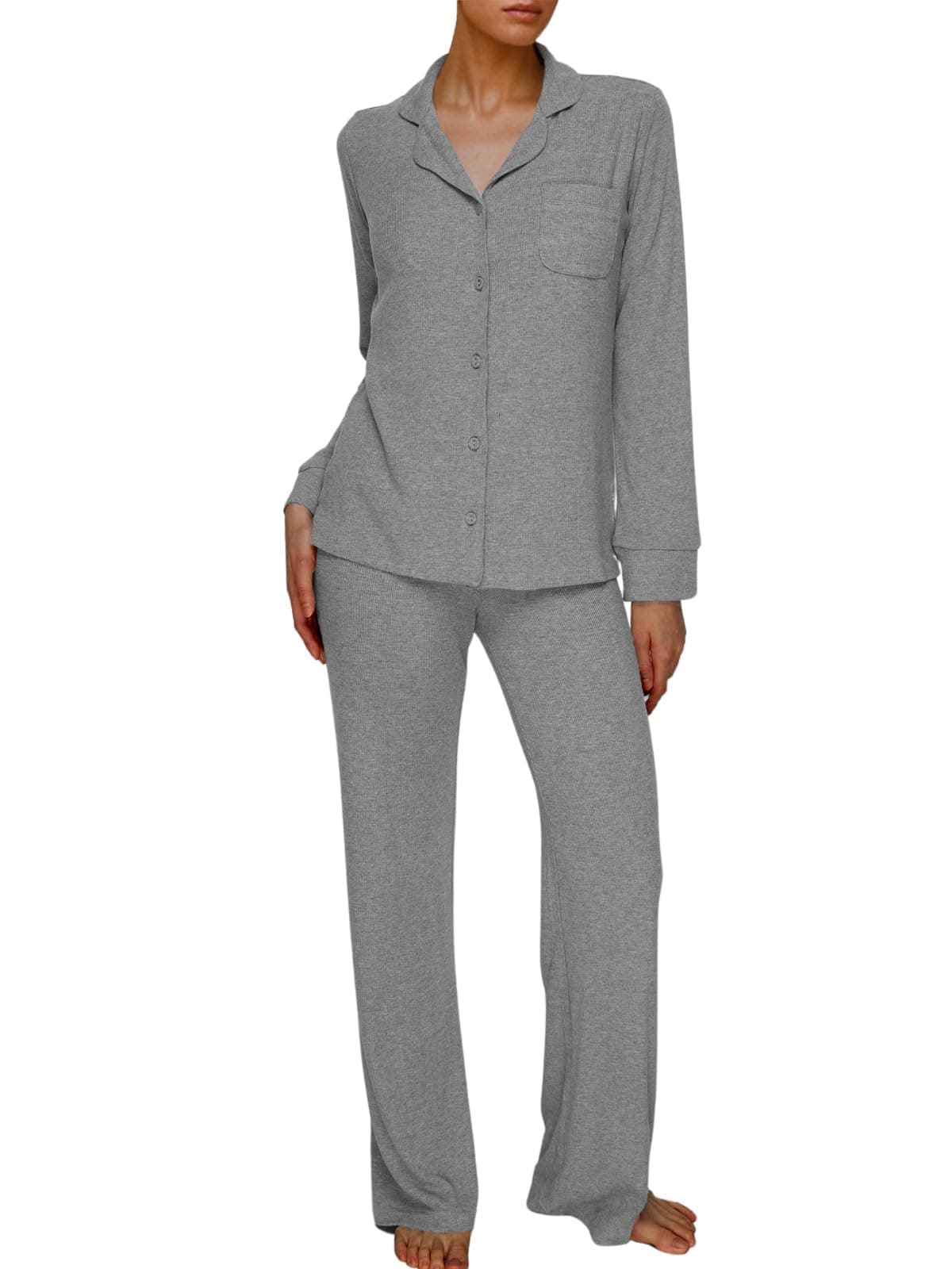 Women's Pajamas Set Long Sleeve Button Down Ribbed Knit 2 Piece Sleep Sets Loungewear Soft Pjs