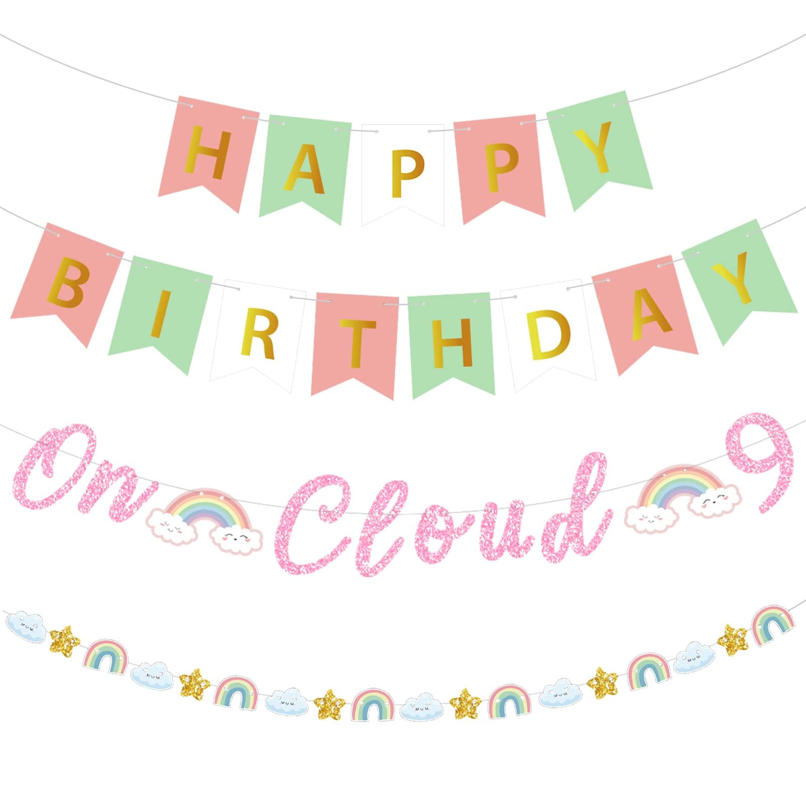 3 Set 9th Birthday Banner Decorations Rainbow Birthday Decor on Cloud 9th Happy Birthday Banner for Girls 9th Birthday Party Decorations, Rainbow Clouds