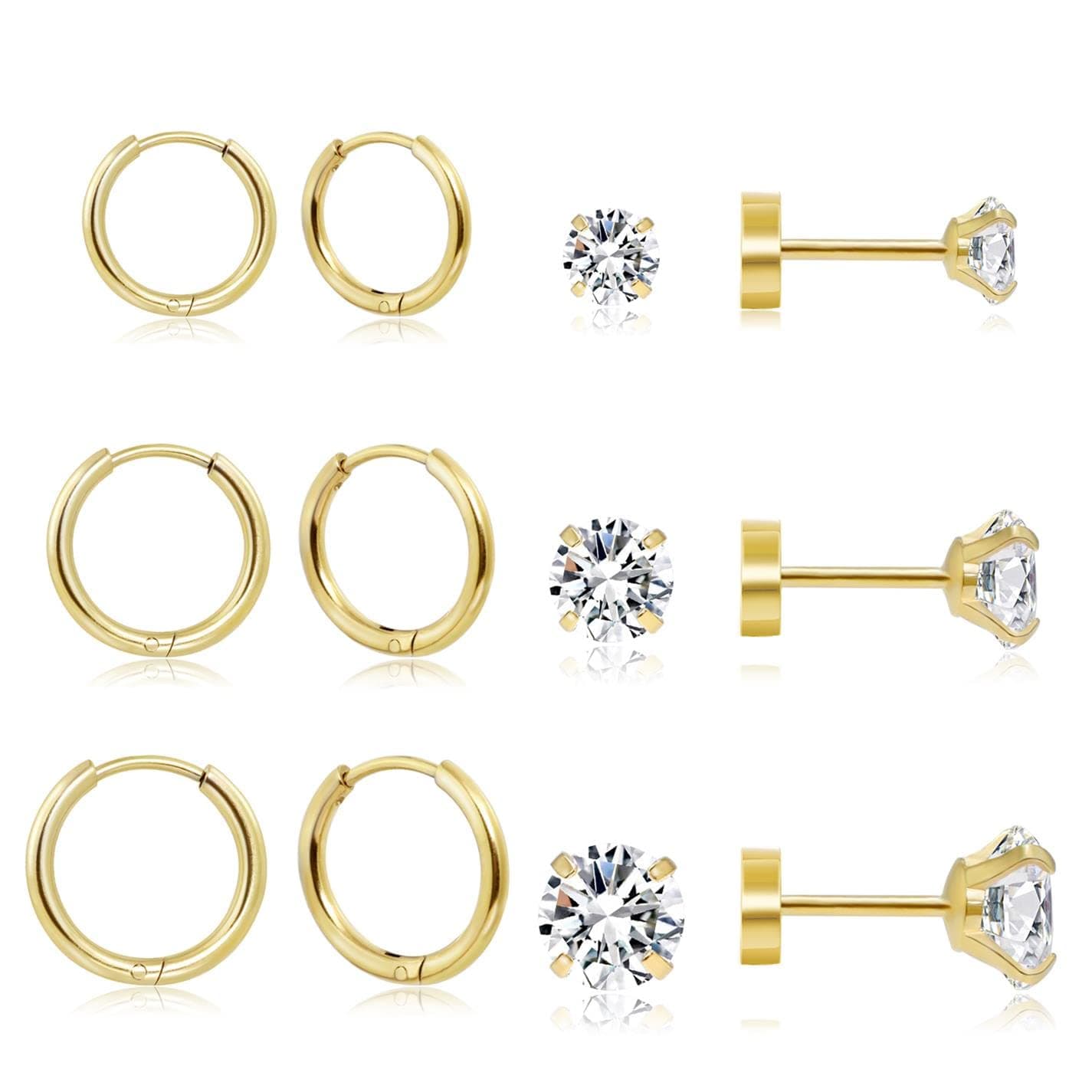 - Dainty 6 Pairs Earrings Sets for Multiple Piercing, Lightweight 14K Gold Plated Small Huggie Hoop Earrings, Lobe, Hypoallergenic (14K Gold Plated- Huggie Hoops and CZ Studs)