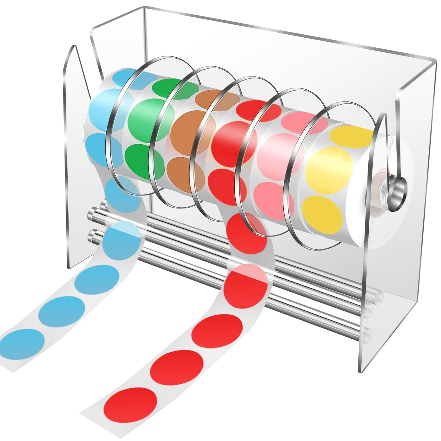 Label Dispenser, Sticker Roll Holder,Adjustable Sticker Dispenser, 6 Disks Acrylic Sticker Roll Holder Organizer, Label Stand for Holding Tape Sticker Label Office and Home