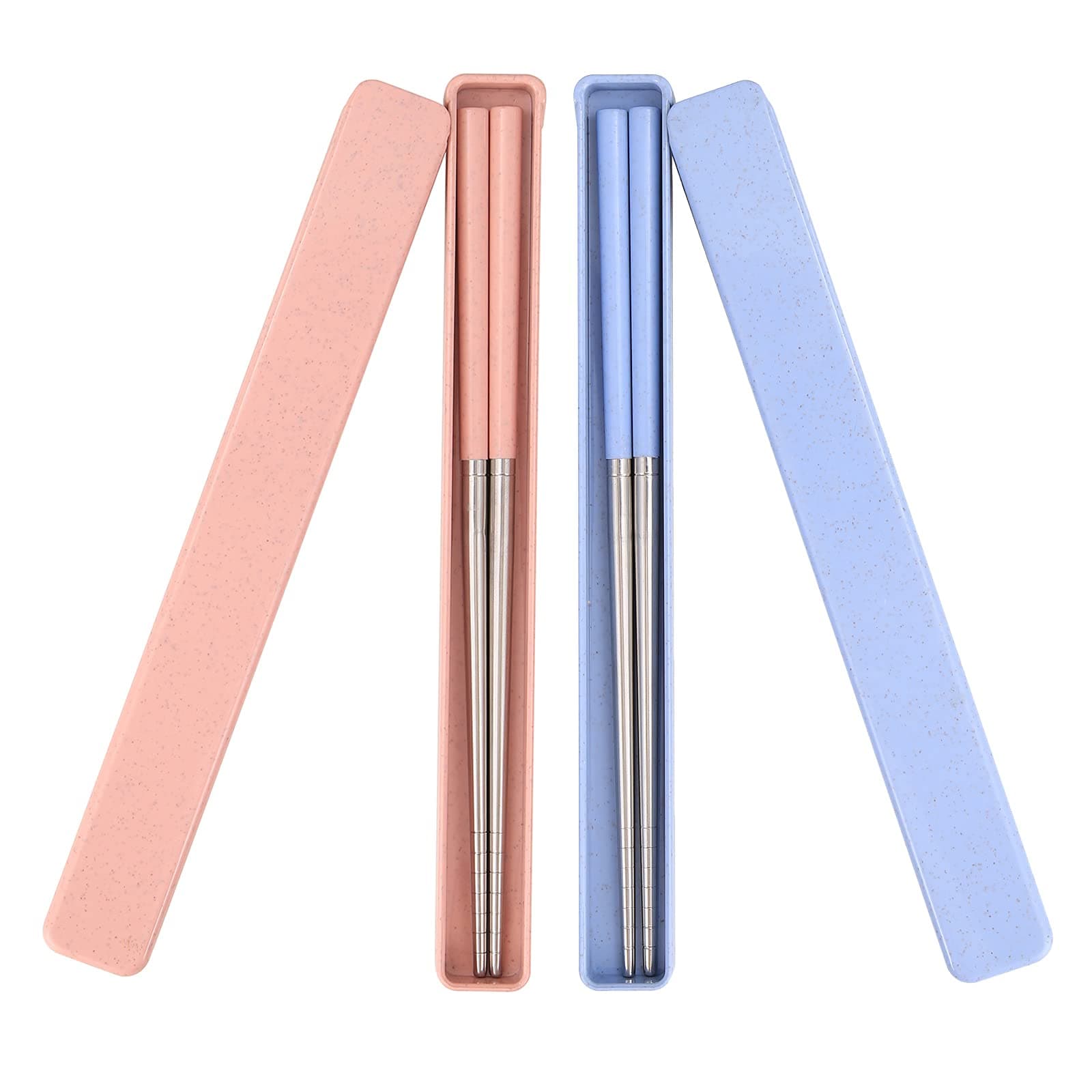 Molizummy 2 Pairs Reusable Chopsticks Metal Wheat Straw Portable with Pull Design Case, Stainless Steel Chop Sticks for Bento Box, School, Home, Office, Camping Use, Dishwasher Safe (Blue & Pink)
