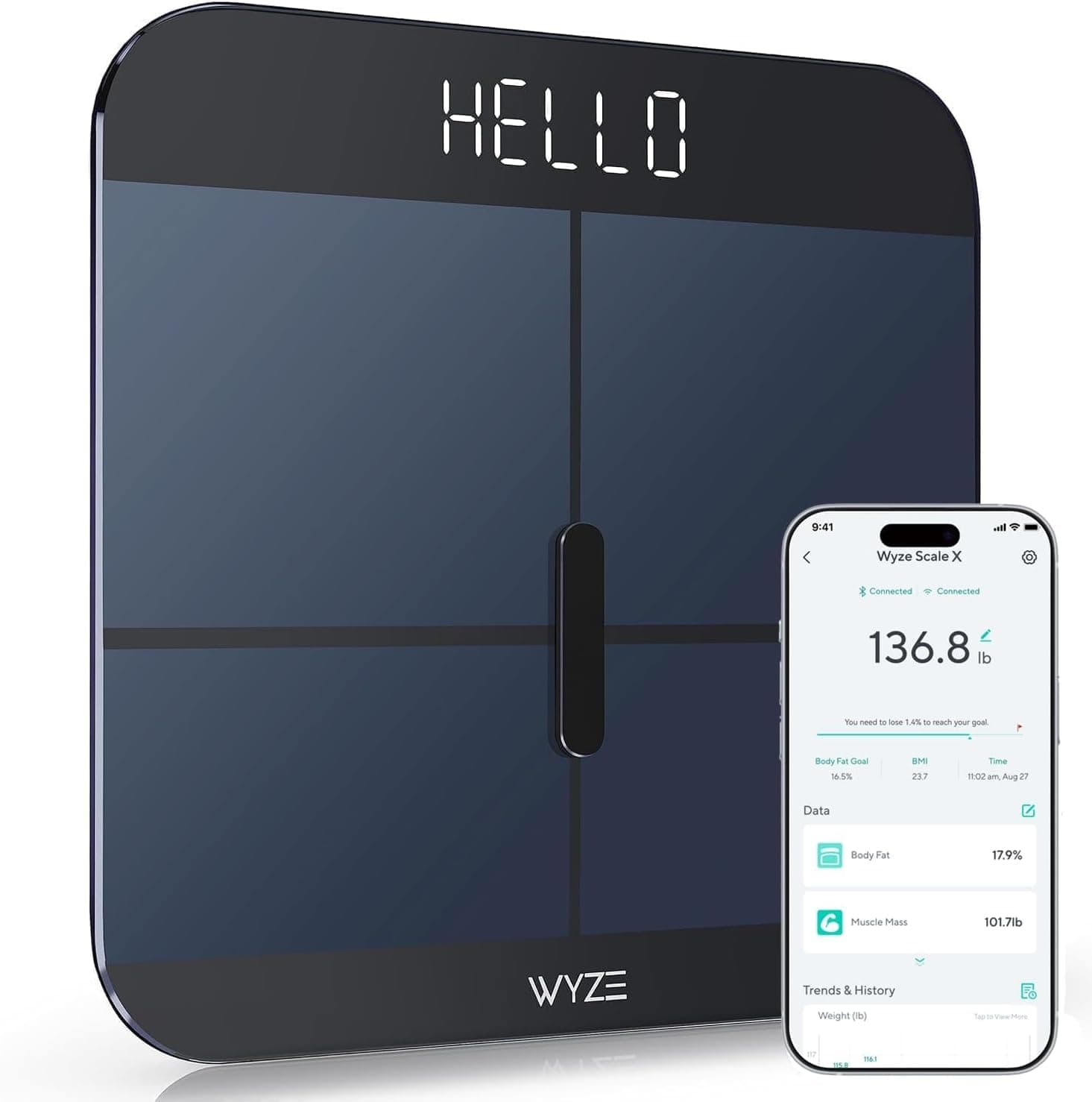 WYZE Smart Scale X for Body Weight, Digital Bathroom Scale for BMI, Body Fat, Water and Muscle, Heart Rate Monitor, Body Composition Analyzer for People, Baby, Pet, 400 lb, Blue