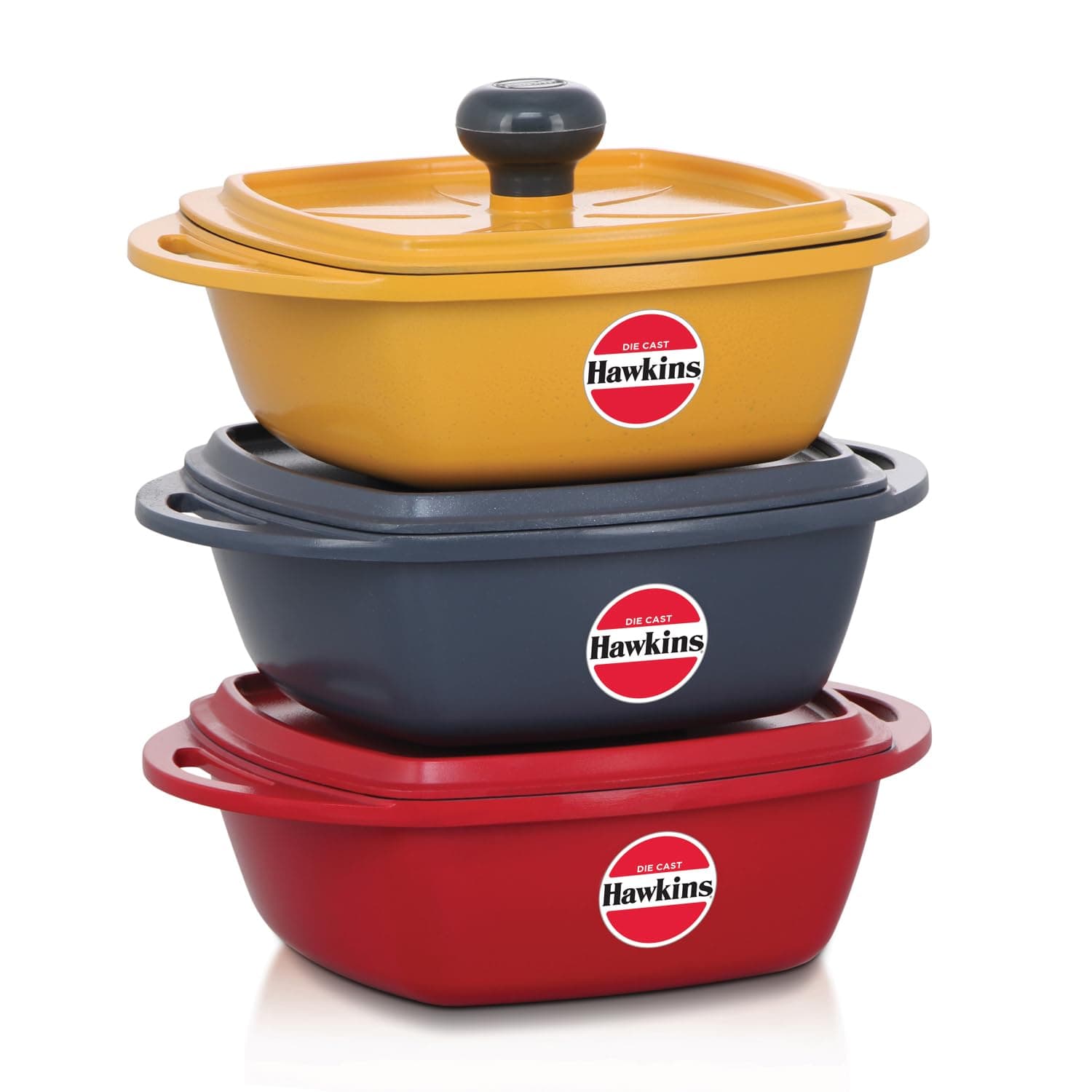 Hawkins Kitchen Gift Pack 2023 (23DGP) 3 Pieces Set of Die-Cast Square Mini Casseroles for Cooking, Reheating, Serving and Storing, Red, Yellow, Grey, 2.25 litre