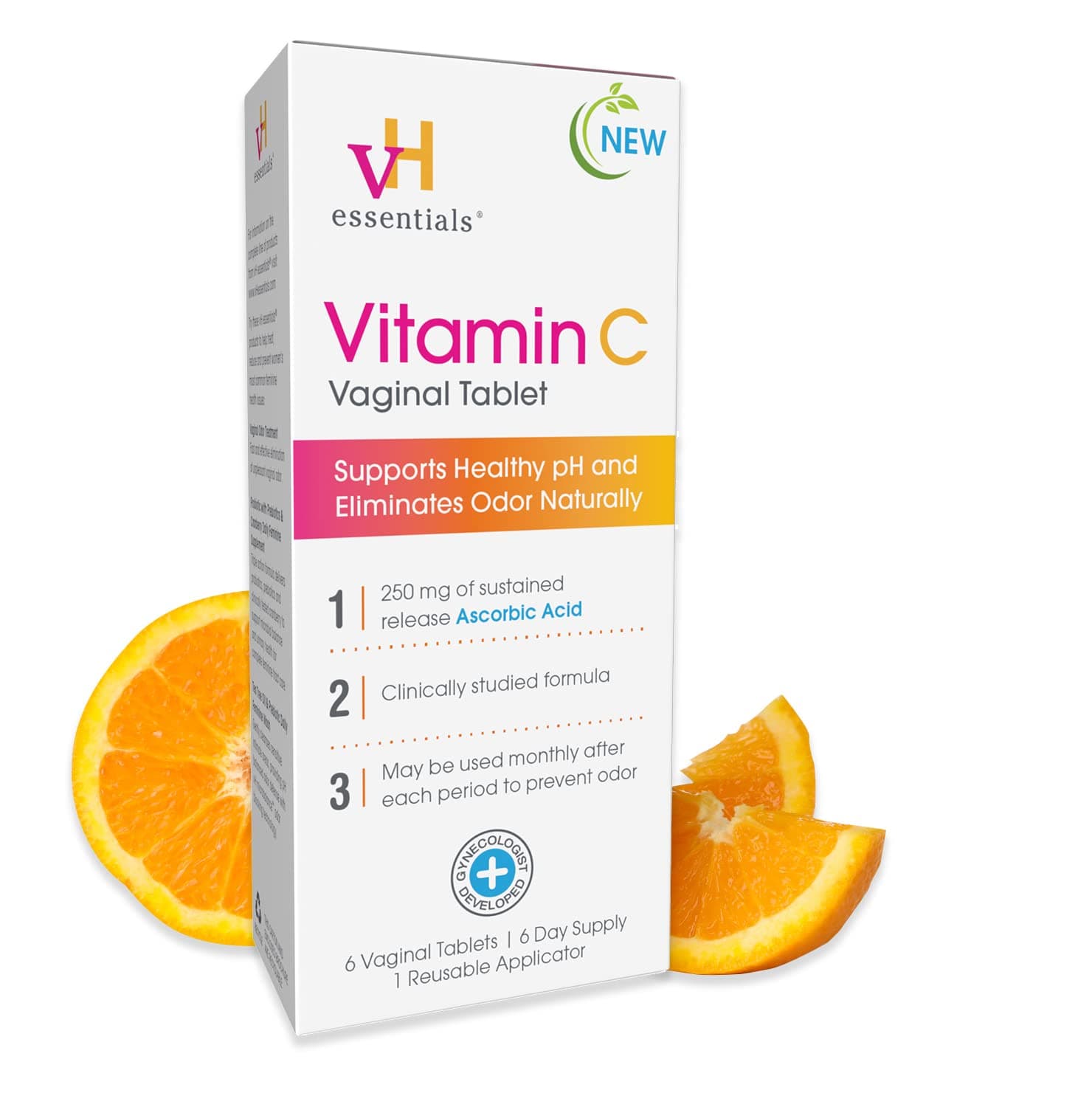 vH essentials Vitamin C l Tablet - Boric Acid Suppository Alternative - Supports Healthy pH and Eliminates l Odor Naturally, Suppositories for l Health 6 Count, 1 Applicator