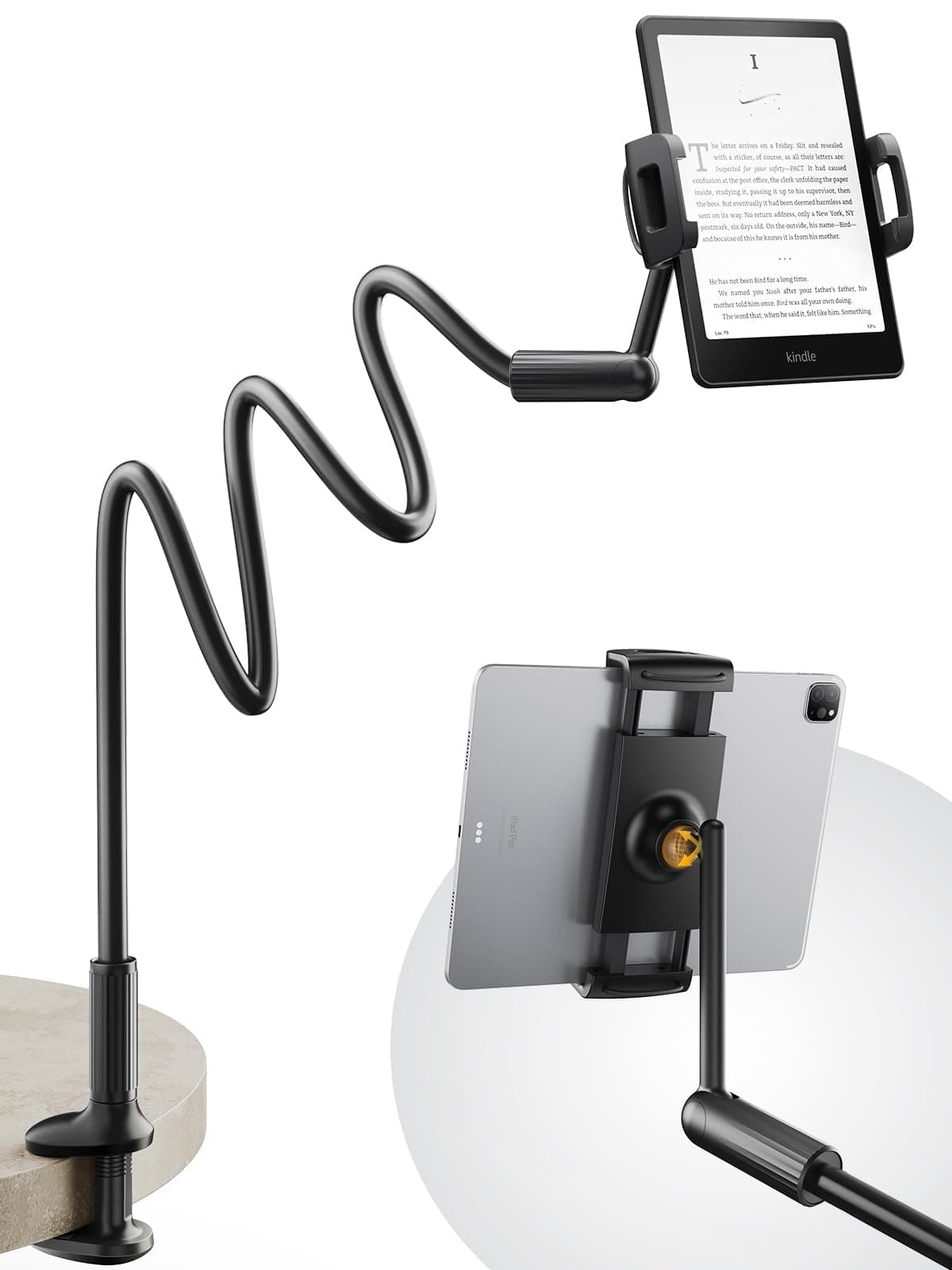 47" Gooseneck Kindle Holder, Tablet Holder for Bed with Upgraded Base, iPad Stand with Flexible Lazy Arm, Compatible with iPad mini Pro Air, Kindle, Galaxy or Other 4.7-11" Device (Black)