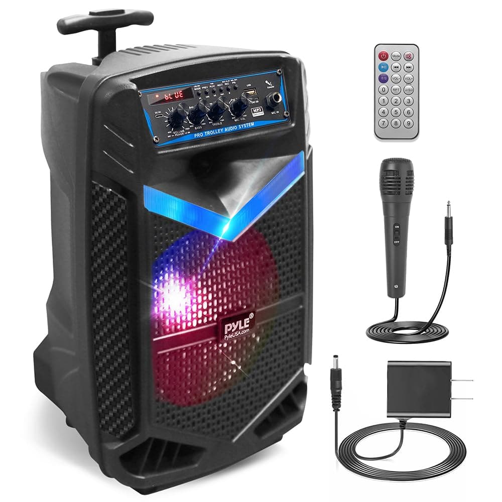 Pyle 400W Rechargeable Outdoor Bluetooth Speaker Portable PA System w/ 8” Subwoofer 1” Tweeter, Recording Function, Mic In, Party Lights USB/SD, Radio - Pyle PPHP842B, BLACK