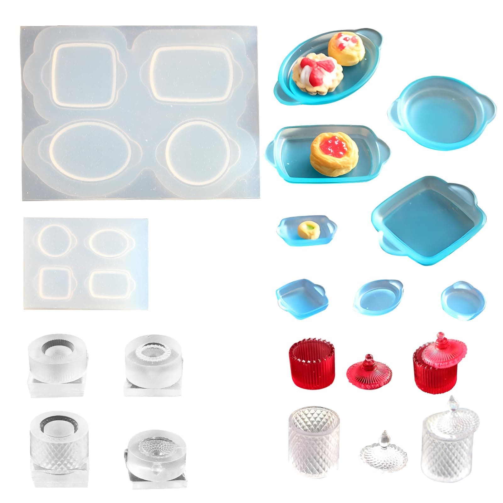4Pcs Mini Plate and Mini Jar Resin Silicone Molds Set 3D Simulation Cute Plate Jar Epoxy Casting Molds for DIY Micro Resin Dollhouse House Kitchen Display Decor