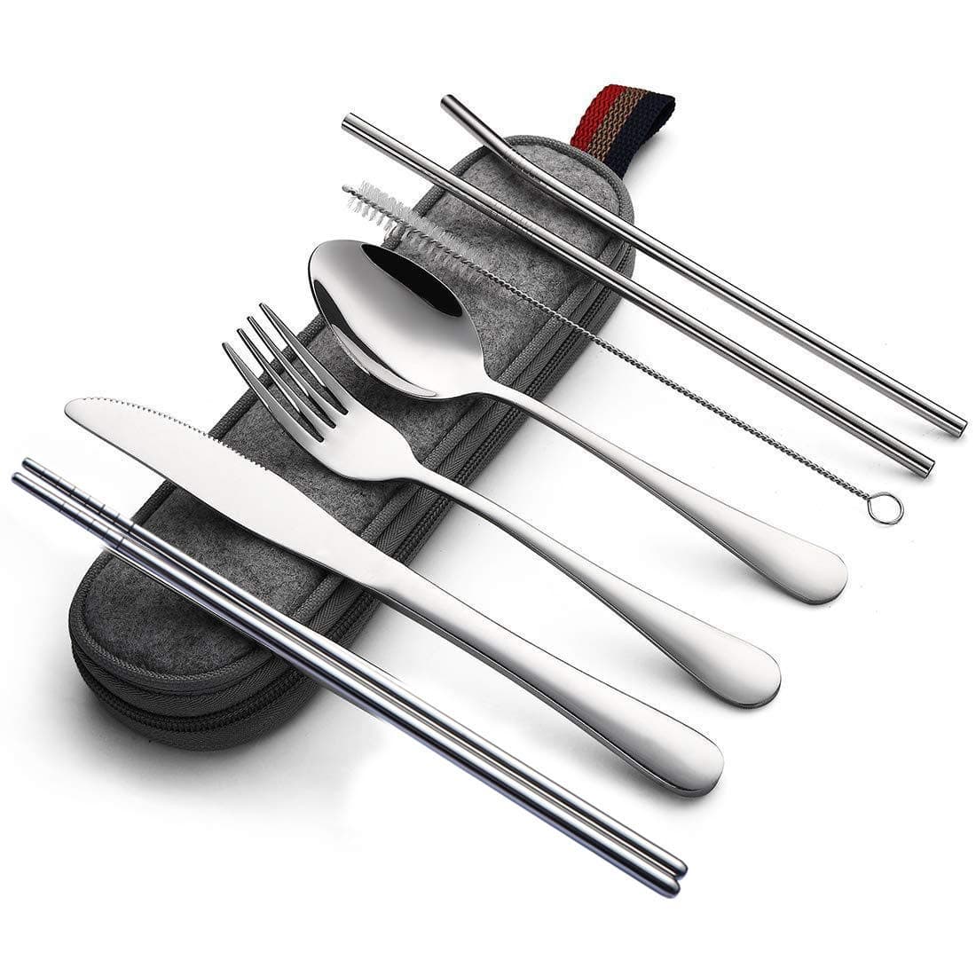 Travel Utensils Set, 8-piece Reusable Utensils Set Tableware with Case and Straws, Portable Travel Camping Stainless Steel Flatware Set, Travel Cutlery Set Dishwasher Safe (Silver)