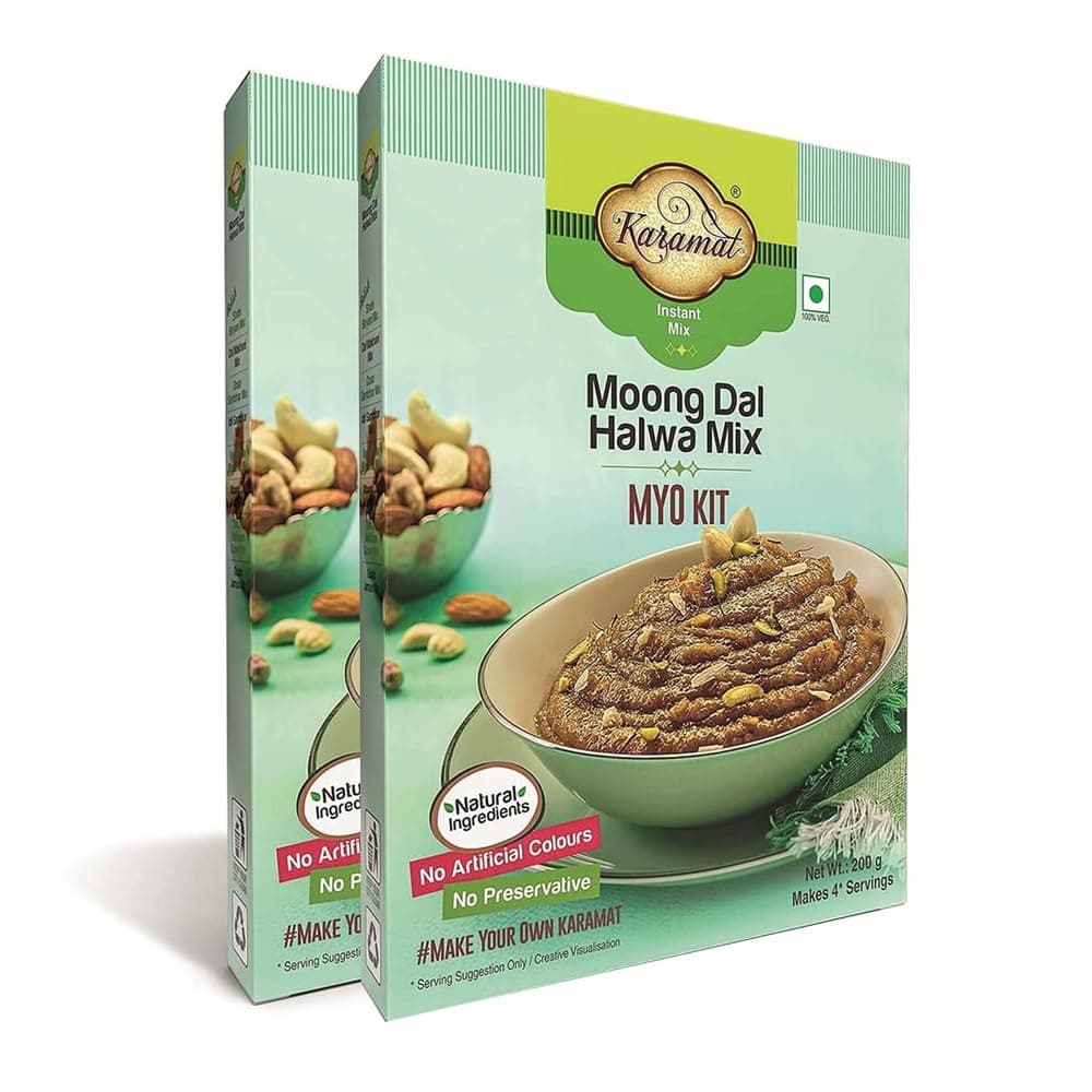 - Karamat - Ready To Cook, Moong Dal Halwa Mix Pack of 2 (200gm each, Veg, Mix, Upto 4* Servings), Sweets Indian Mithai, Authentic Taste, No Preservatives & No Artificial Colours