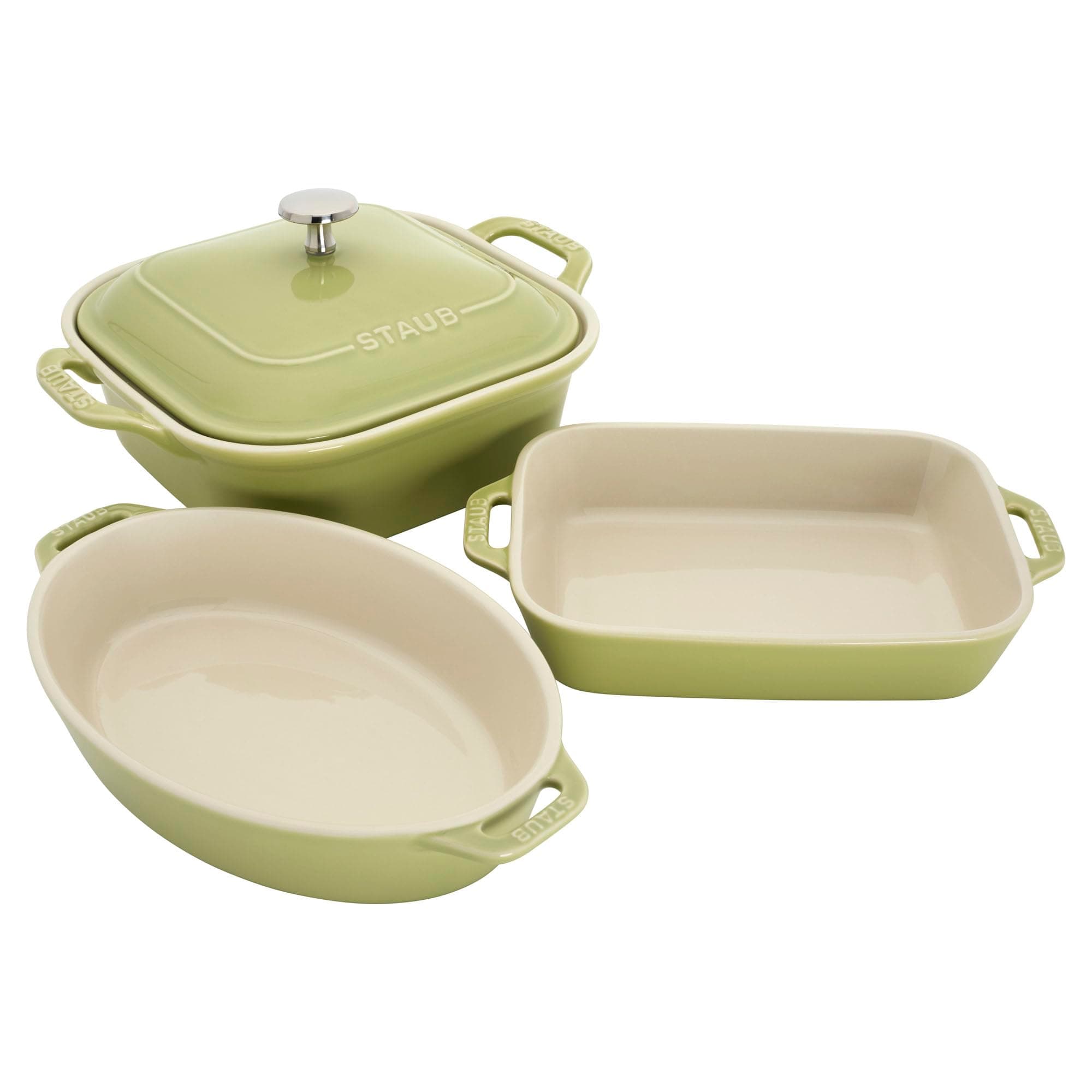 Ceramic 4-pc Baking Pans Set, Casserole Dish with Lid, Brownie Pan, Light Green