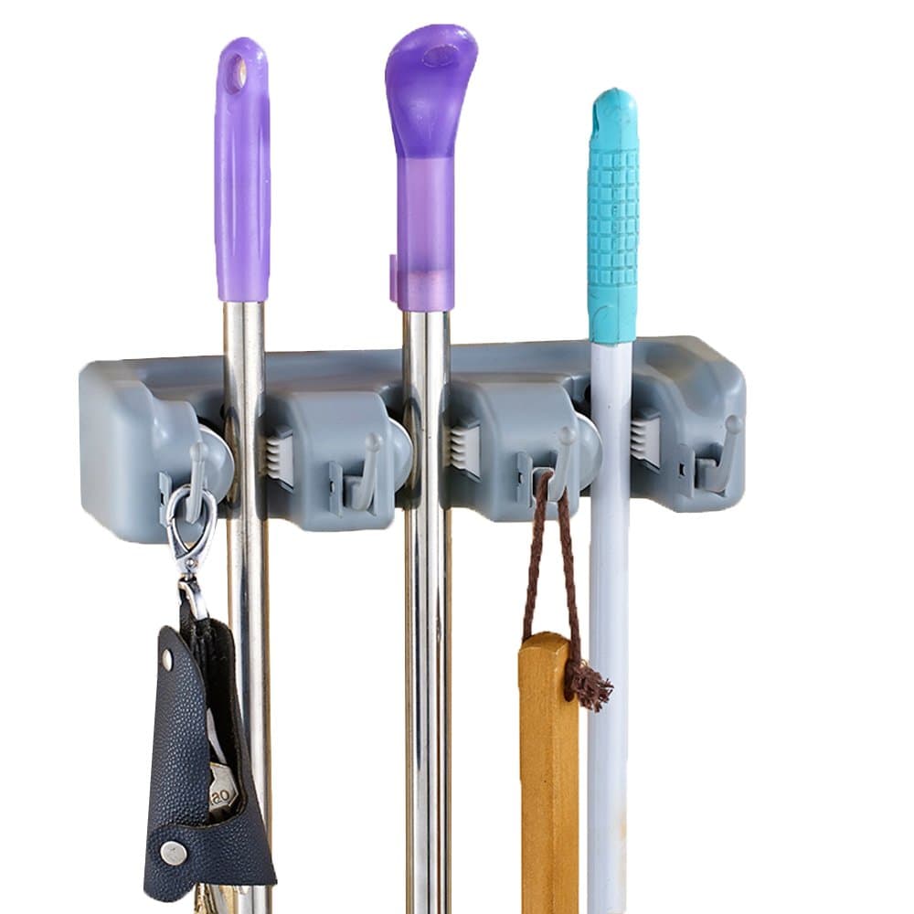 Home Mop Storage Organization Racks Mop And Broom Holder Wall Closet Mounted Mops Organizer Brooms Rakes Automatic Handle Grips Tool 3 Position 4 Hooks
