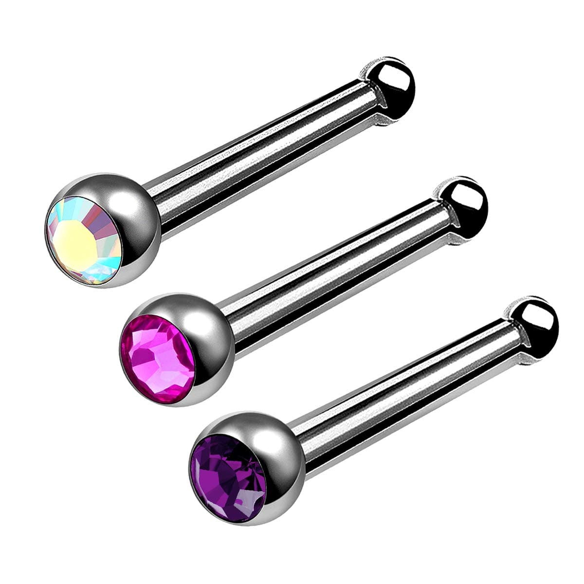 MATIGA3Pcs Titanium 18 gauge 9/32 7mm Bone Stud Nose Ring Piercing Jewelry 2mm Crystal More Choices