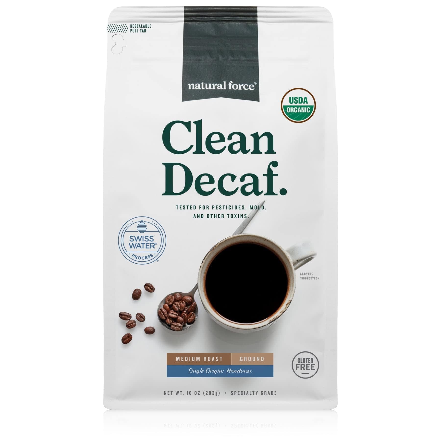 Natural Force - Organic Clean Decaf Coffee, Mold & Mycotoxin Free, Lab Tested for Toxins & Purity, Low Acidity, Incredible Taste & Aroma, Ground Swiss Water Decaf Medium Roast, 10 oz