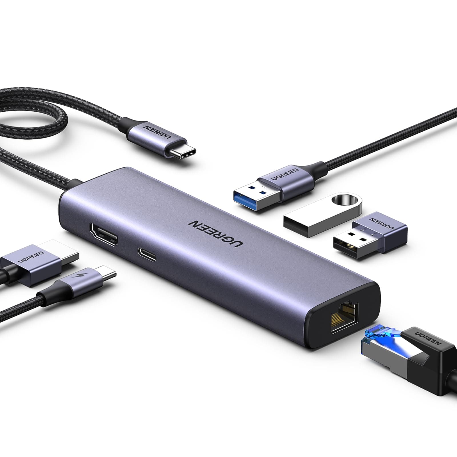 UGREEN Revodok 1061 USB-C Hub 6-IN-1 4K@30Hz HDMI Output Type-C Adapter 4K HDMI 100W Power Delivery Fast Charging Gigabit Ethernet LAN Port 3*USB 3.0 Ports Compatible with Windows; Linux; MAC; iPad