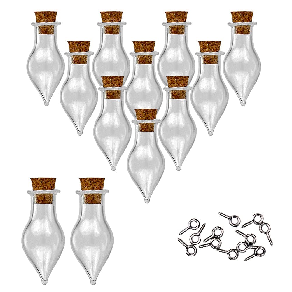 MIGK 12pcs Mini Tiny Clear Glass Jars Bottles Small Charm Vials with Cork Stoppers and Eye Screws for Party Favors Decoration, 1ml Empty Sample Jars Message Pendant Wish Bottle (Taper)