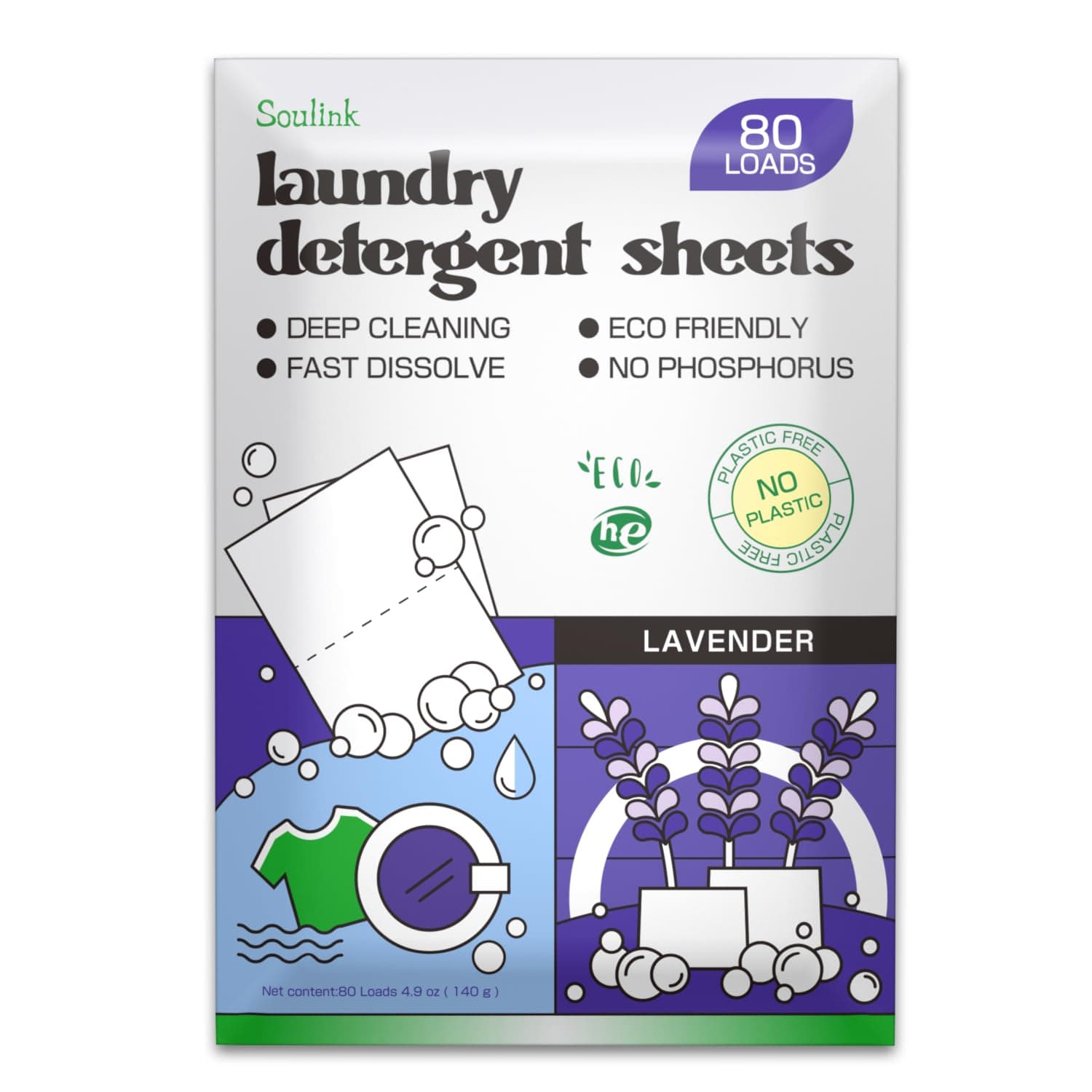 Soulink Laundry Detergent Sheets Up to 80 Loads,Eco Friendly Detergent Sheets for Travel & Home - No Plastic Jug Liquidless Soap Strips, Plant-based, Hypoallergenic. Safe for Sensitive Skin (Lavender)