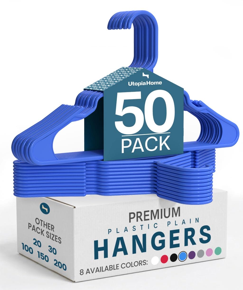 Plastic Hangers 50 Pack - Perfect Space Saving Clothes Hanger - Durable and Strong - Perfect Closet Organizers with Shoulder Grooves (Blue)