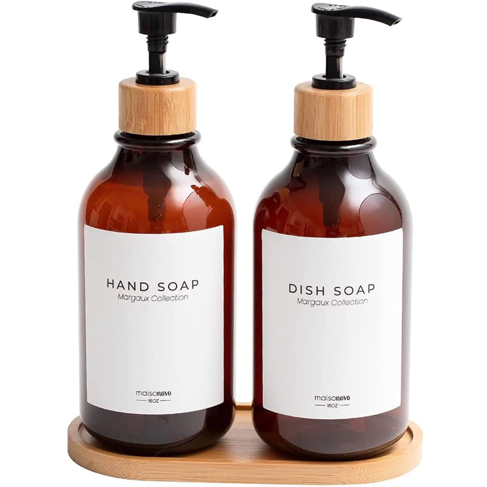 2 Pack Soap Dispenser Set - 500ml Shampoo Dispenser - Pump Bottle Dispenser for Bathroom and Kitchen Includes Bamboo Pump, Tray and 4 Waterproof Labels - Brown