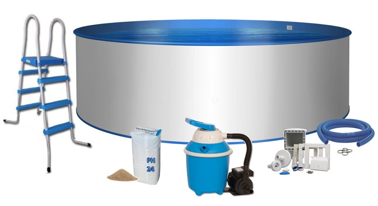 Pool Comfort Round Shape Diameter 4.5 m x 1.2 m Steel Wall 0.6 mm Foil Blue 0.6 mm Wedge Piping Steel Ladder 2 x 3 Steps with Platform Sand Filter System Flow 4 with 4.0 m³/h Quartz Filter Sand 25 kg 0.7 to 1.2 Grit Hose Connection Set with Hose Clamps