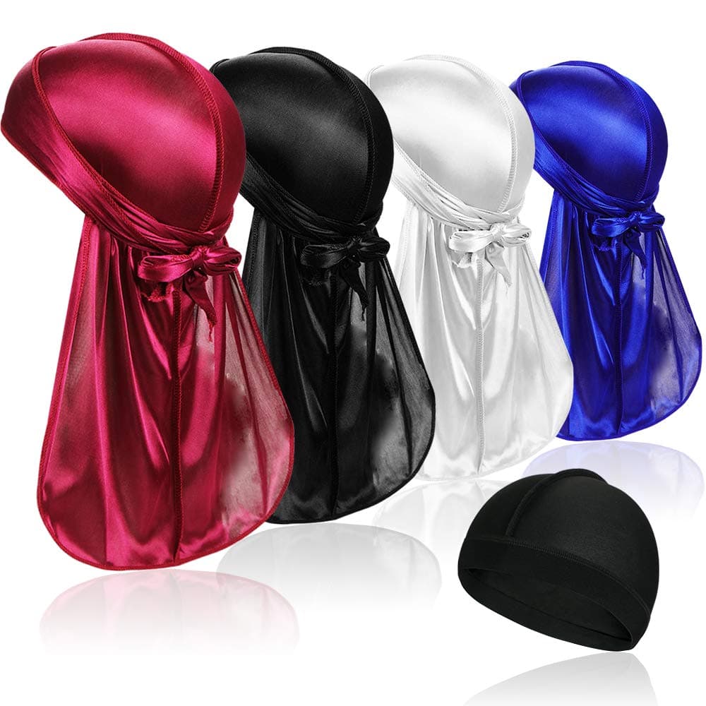 4 Pcs Silky Durag Caps Headwraps with Long Tail and 1 Piece Silk Wave Cap Perfect for Men 360 Waves