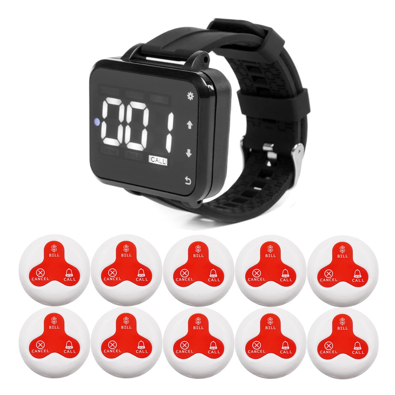 Wireless Calling System Service Pager Vibration Sound Alarm for Restaurant Cafe 1 Wrist Watch 10 Table Call Button for Customer (White-Red 1+10)