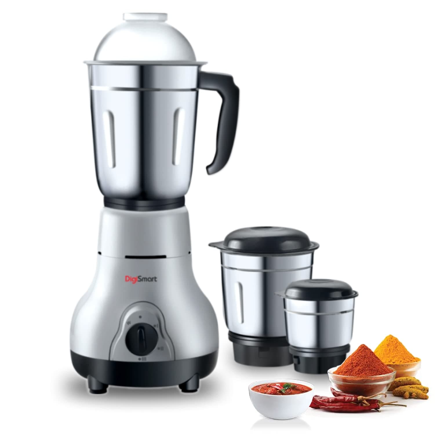 Digismart Kitchen Mate 3 Jar Mixer Grinder for Smoothies, Chutney & Shakes, Long Lasting Shock Proof Abs Body, Powerful 600 Watt Heavy Duty Motor, 2 Years Warranty (Grey and Black)